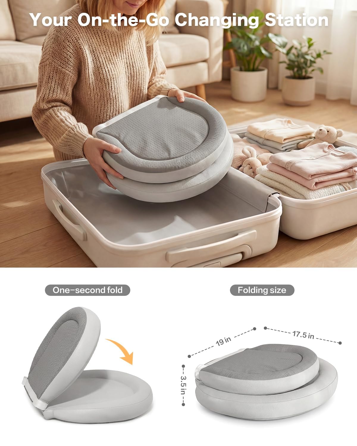 Waterproof Peanut Baby Changing Pad, Foldable Travel On-the-Go for Dresser & Changing Table, Wipe-Clean PU Diaper Pad with Non-Slip & Adjustable Safety Belt, 24"x16", Gray