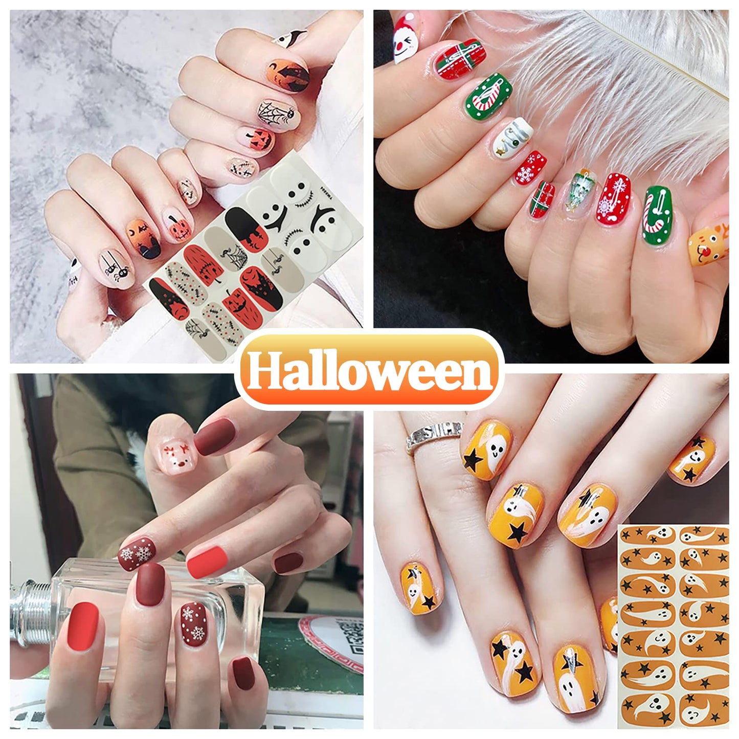 SILPECWEE 20 Sheets Nail Polish Stickers Halloween Christmas Nail Wraps Holiday Self Adhesive Nail Polish Strips for Women Press on Fingernails Manicure Stickers with 1pc Nail File
