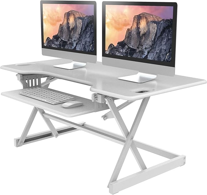 Rocelco 46" Large Height Adjustable Standing Desk Converter - Quick Sit Stand Up Triple Monitor Riser - Gas Spring Assist Computer Workstation - Retractable Keyboard Tray - White (R DADRW-46)