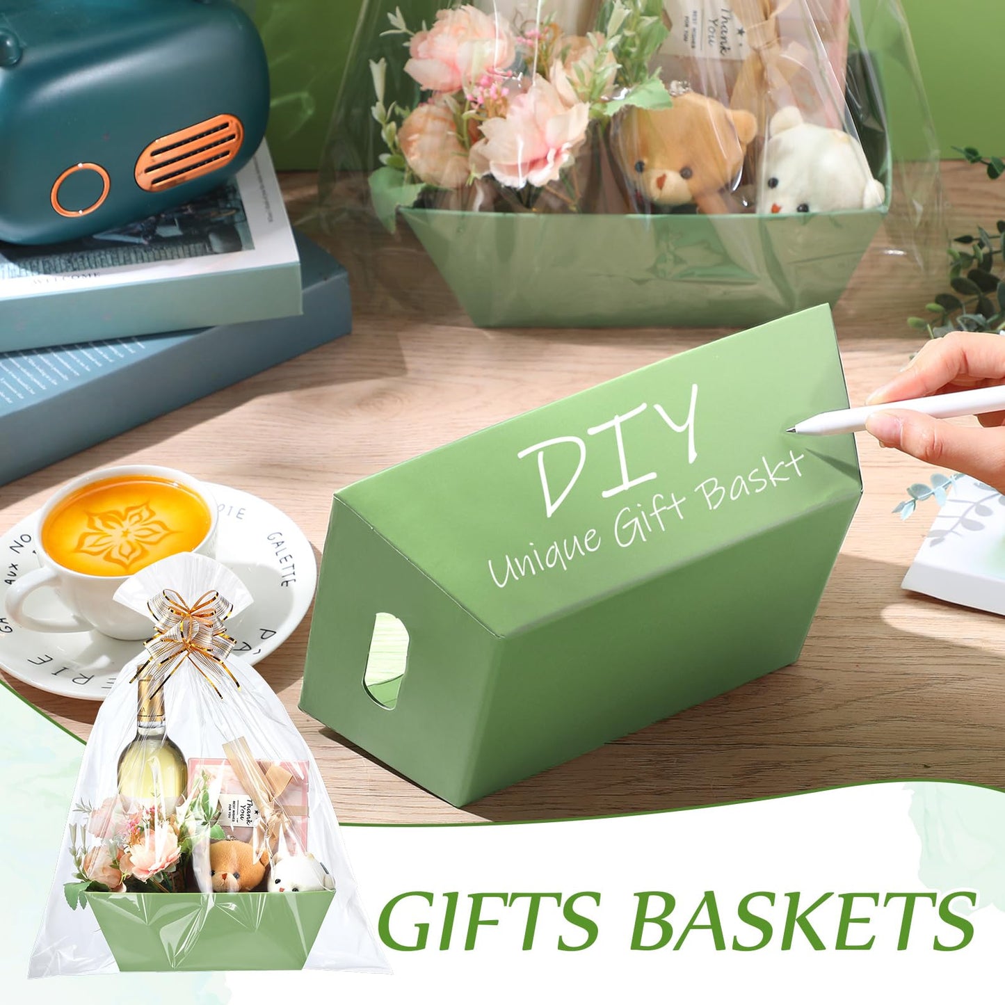 Thenshop 44 Pcs Basket for Gifts Empty Gift Basket Bulk Include 12 Cardboard Tray 12 Plastic Bags and 20 Pull Bows for Christmas Fall Halloween Birthday Wedding Party DIY Wrapping(Solid,Sage Green)