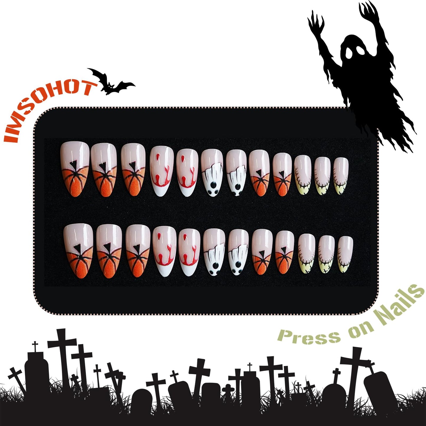 IMSOHOT Halloween Press on Nails Medium Almond Fake Nails Acrylic French Tip False Nails with Ghost, Pumpkin Designs Glossy Full Cover Cute Artificial Glue Stick on Nails 24Pcs