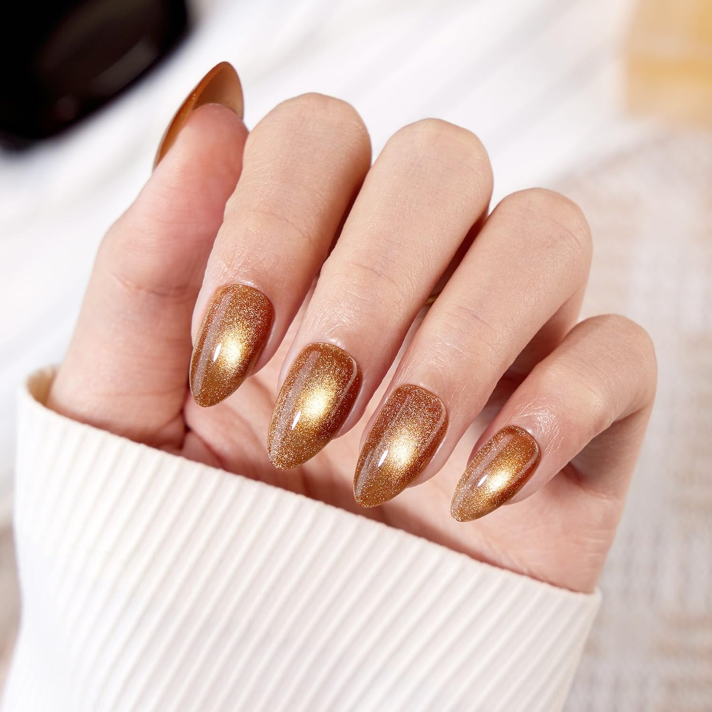 VSALON Press On Nails Short Almond, Brown Cat Eye Sparkle Fake Nails Kit, Reusable Glue on Nails, 32 Pcs Stick On Nails in 16 Size