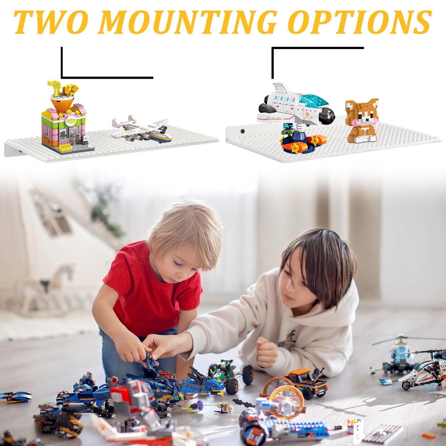 4 Pack Display Shelves for Building Bricks, Display Case Compatible with Brick Building Baseplate, Metal Floating Magnetic Display Cabinet Wall Mounted, Works with Major Building Blocks (4-White)