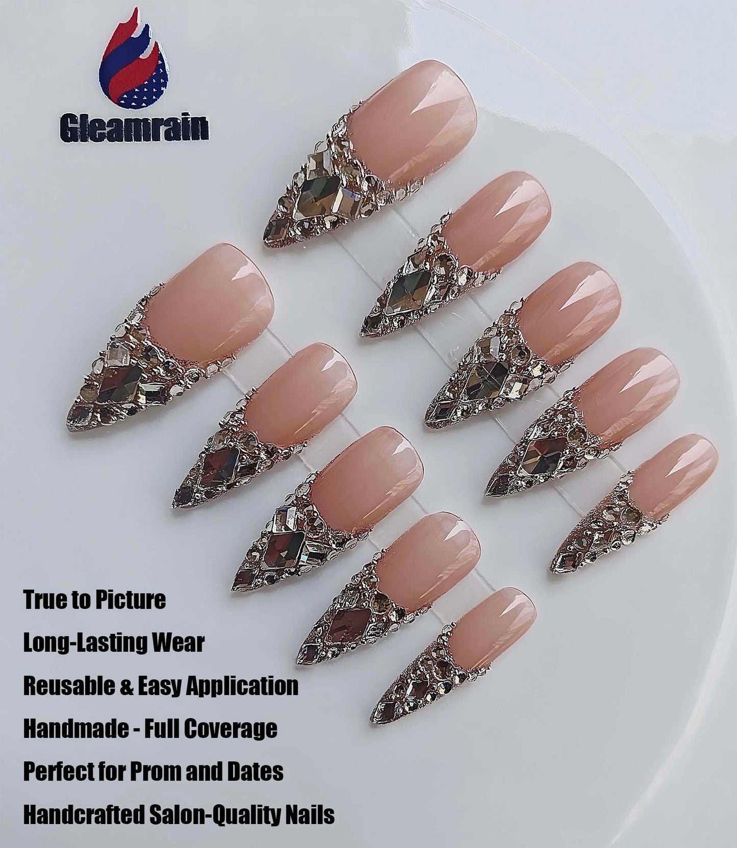 Gleamrain Long Almond Press on Nials Handmade Press on False Nails M Size - 10Pcs - Gleamrain Design 803