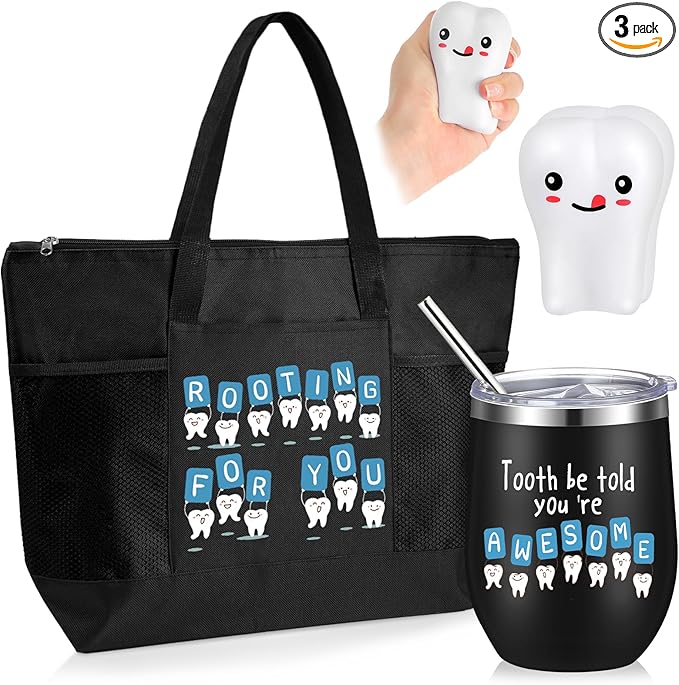 Sliner 3 Pcs Christmas Dental Assistant Gifts Positive Dentist Dental Hygienist Gifts Accessories Inspirational 12oz Tumbler Tote Bag Funny Teeth Stress Toy for Women Students Nurses Doctors(Black)