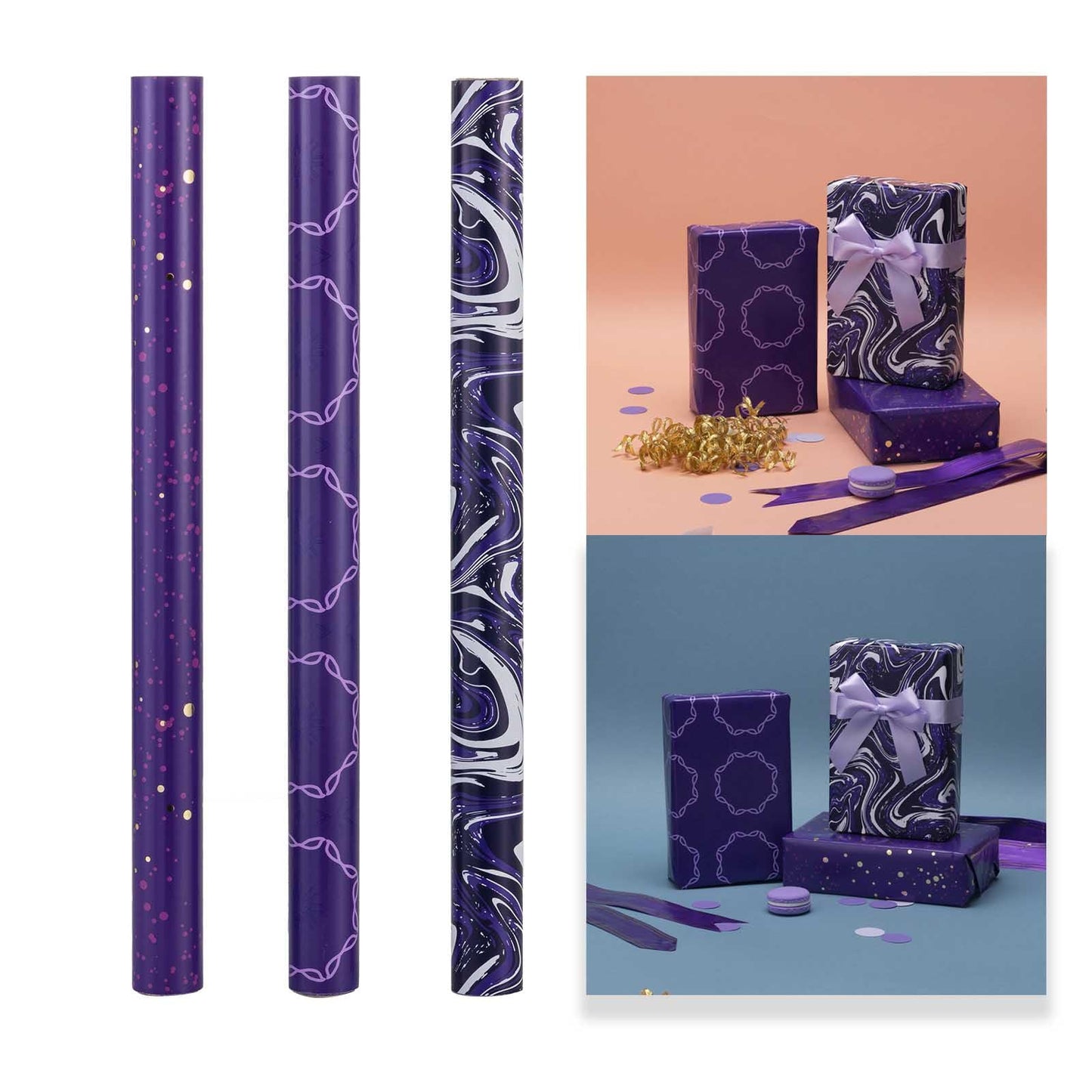 GAKA Wrapping Paper Roll,Purple,3 Different Wrapping Paper Design Suitable for Halloween, Thanksgiving, Christmas,Birthday, Wedding,Graduation Presents Packaging 17 inch X 120 inch Per Roll
