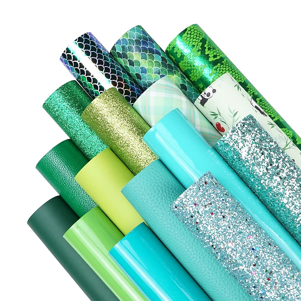 16 Pieces 8x6 Inch New Contrast Colors Blue Green Series Faux Leather Fabric Sheets Include Litchi Fine Chunky Glitter Panda Mermaid Scale Snake Texture Patent for Leather Earring Bows Making