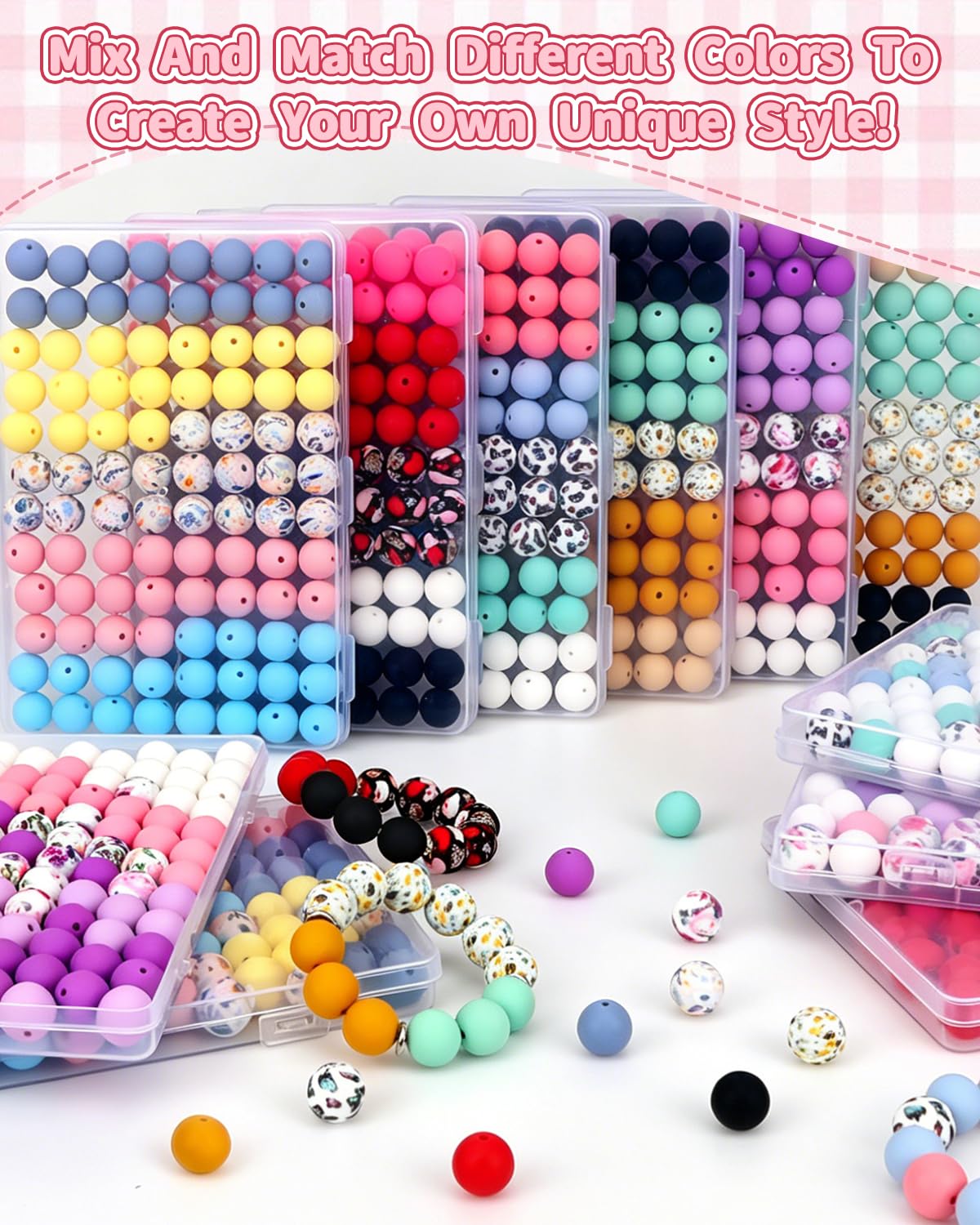 SALUOKE 100 Pcs 15mm Silicone Beads for Keychain Making, Purple White Silicone Beads Bulk Round for Bracelets Pens Crafts Jewelry Making (Purple White)