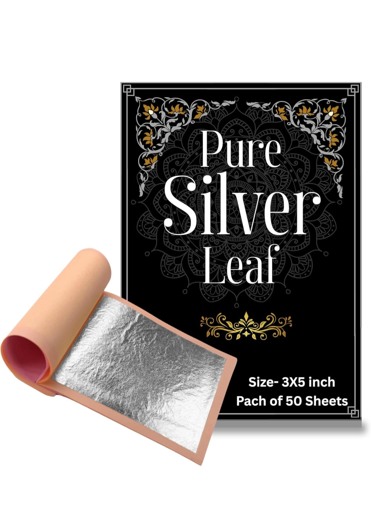 Pure Silver Leaf Foil Sheets 50pcs – 99.9% Real Silver Varakh 3×5 Inch for Art, Crafts, Food Decor, Nail art, and Home Décor