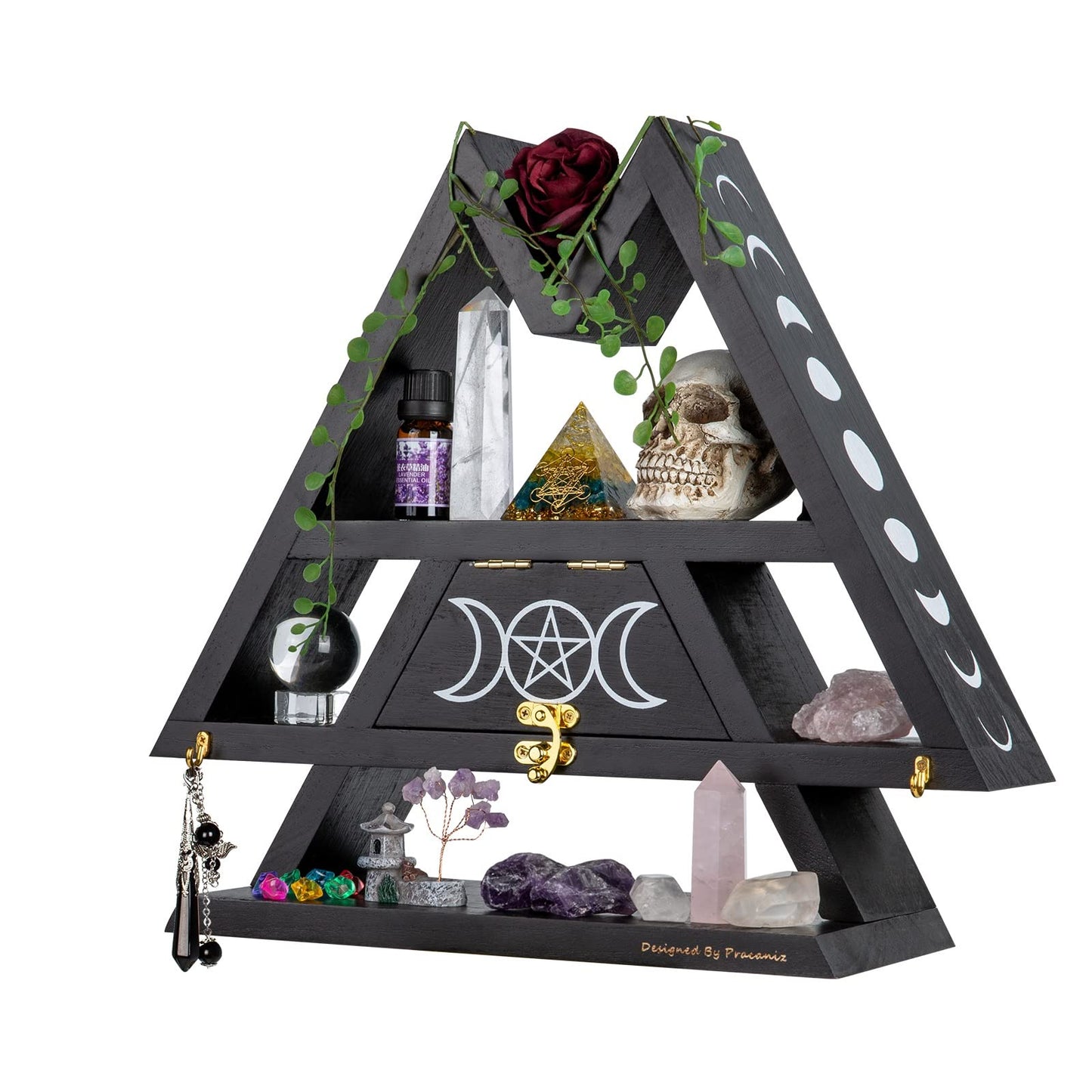 Pracaniz Crystal Shelf with Flap Drawer&Hooks for Wall&Desktop, Crystal Holder as Witchy Room Decor,Moon Phase Triangle Shelf,Witchy Decor&Moon Decor for Bedroom.