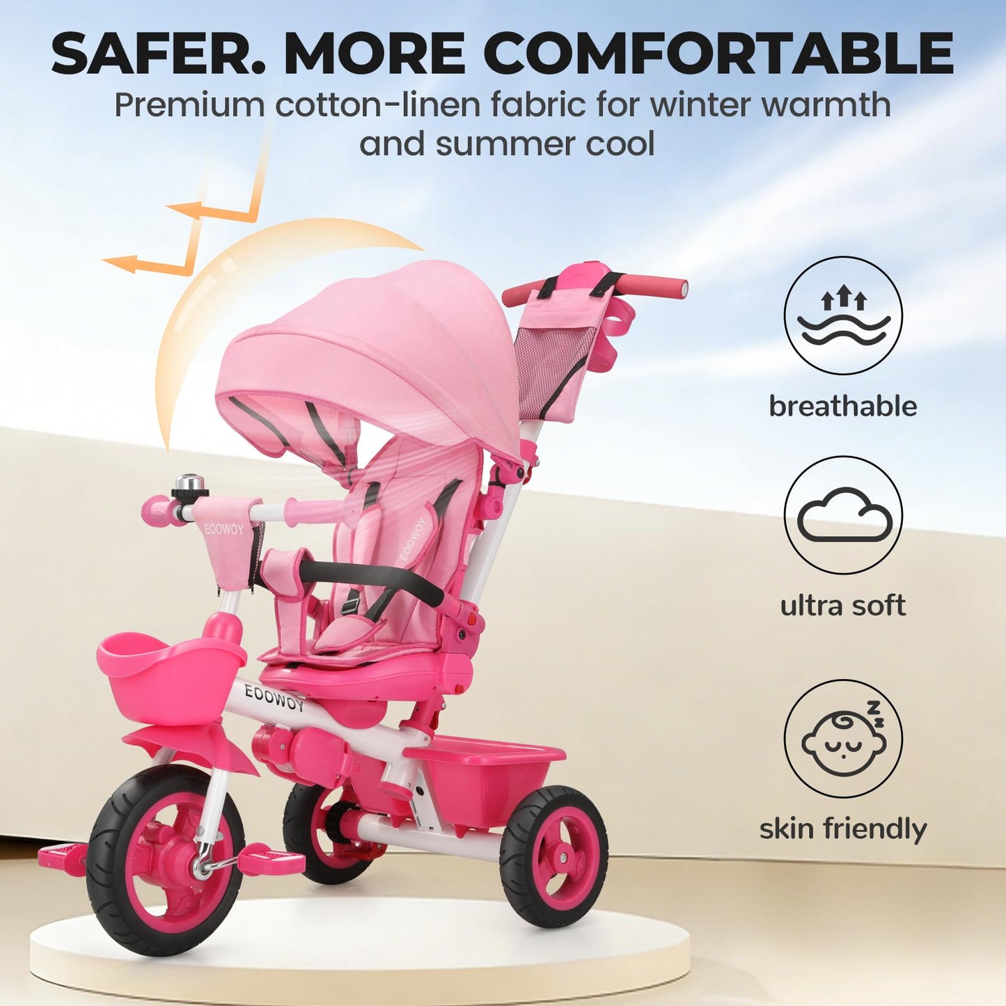 EOOWOY Toddler Tricycle with Push Handle, 7 in 1 Stroller Trike with 360° Swivel Seat, Reclining Backrest, All-Terrain Wheels, Dual Brakes, Canopy & Storage, Gift for Kids 18 Months to 5 Years, Pink