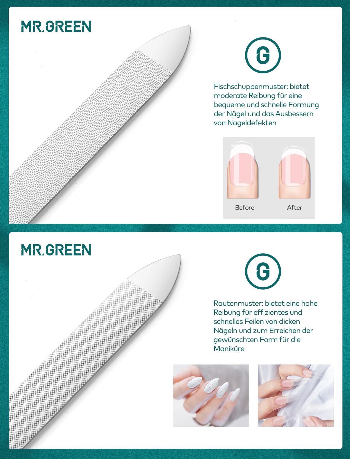 MR.GREEN Professional Double Sided Stainless Steel Nail File with Non-Slip Handle and Leather Case, Pointed Nail Buffering Files Washable
