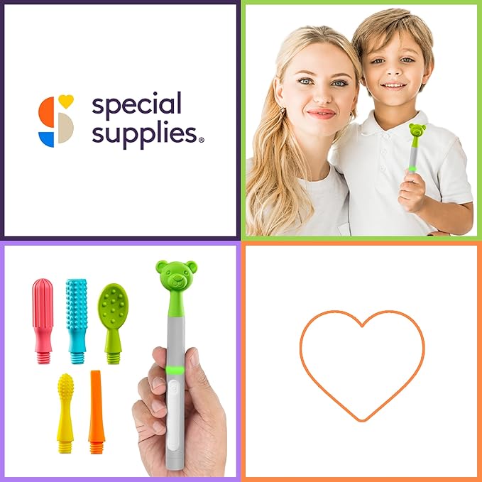 Special Supplies Buzz Buddy Oral Motor Stimulation kit with 6 Soft Textured Interchangeable Heads, Calm Sensory Needs, Support Speech, and Stimulate Self Feeding, Gentle Vibrations (Grey)