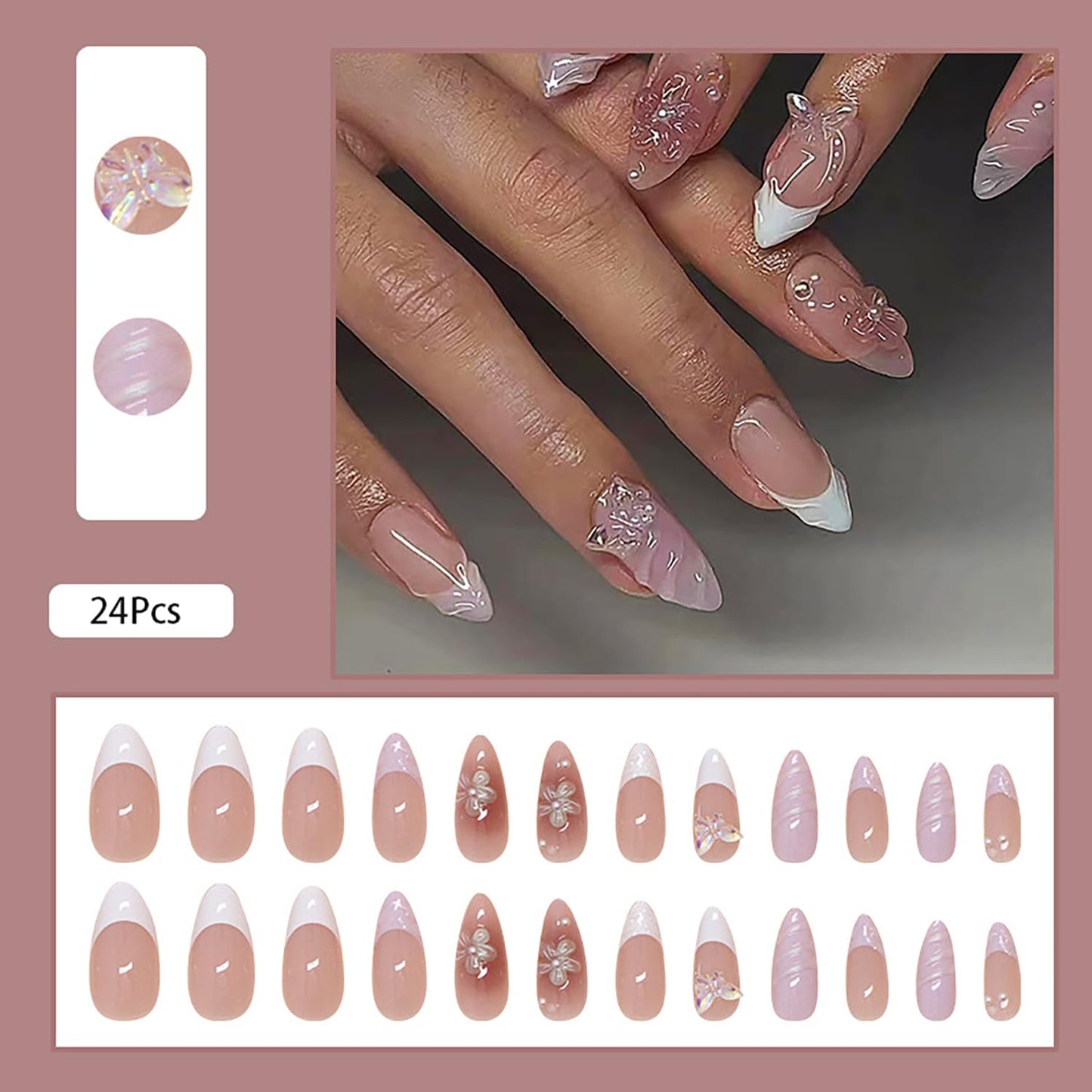 24Pcs Pink Almond Press on Nails Medium Fake Nails Glossy Reusable False Nail with 3D Flower Butterfly Design Artificial Acrylic Nail Press ons Spring Summer Flower Nails for Women DIY Nail