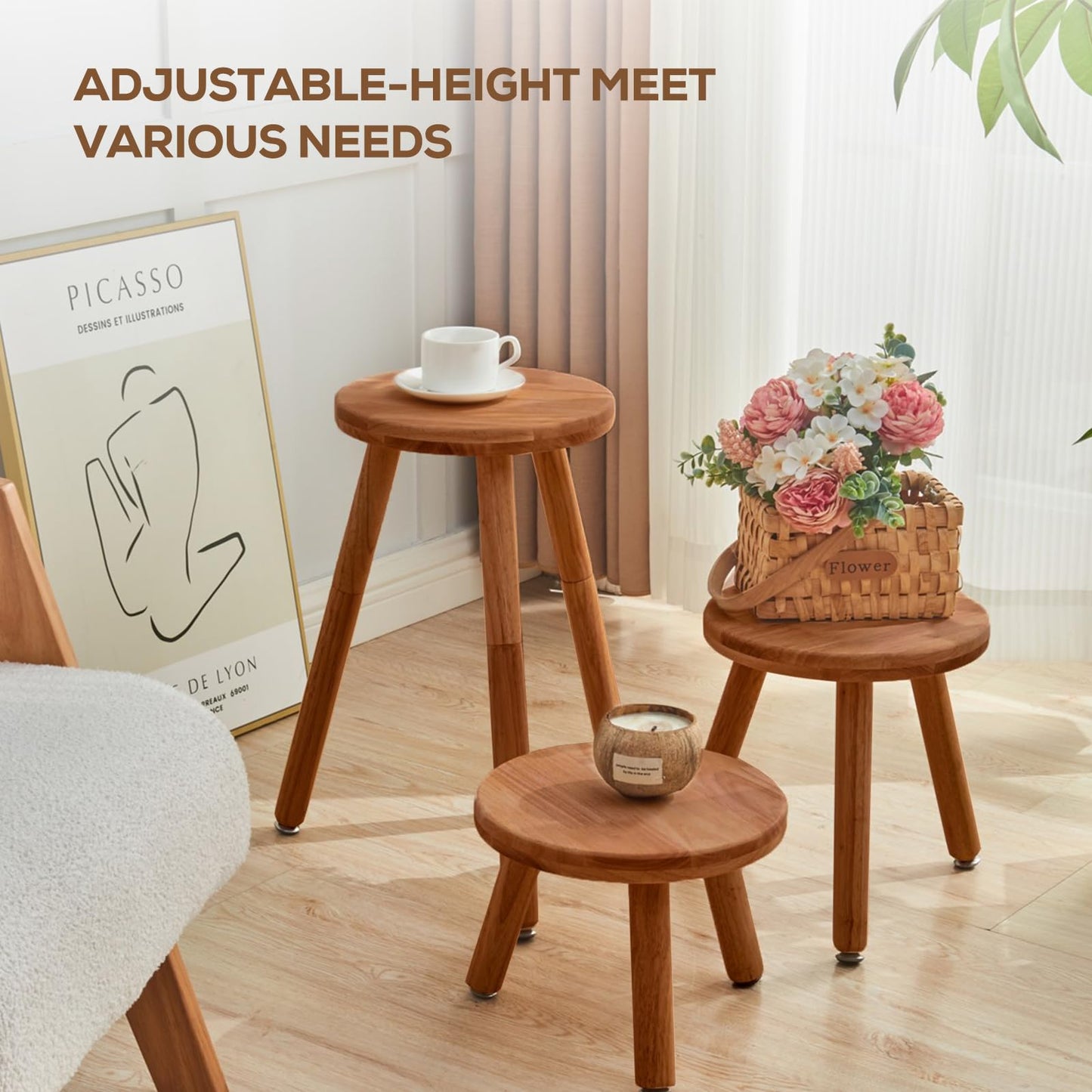 Yangqier Small Round Side Table Adjustable Height Solid Wood Drink Table Indoor Tall Plant Stand Multi-Use Accent Stool-11‘’D × 20“H (Walnut)