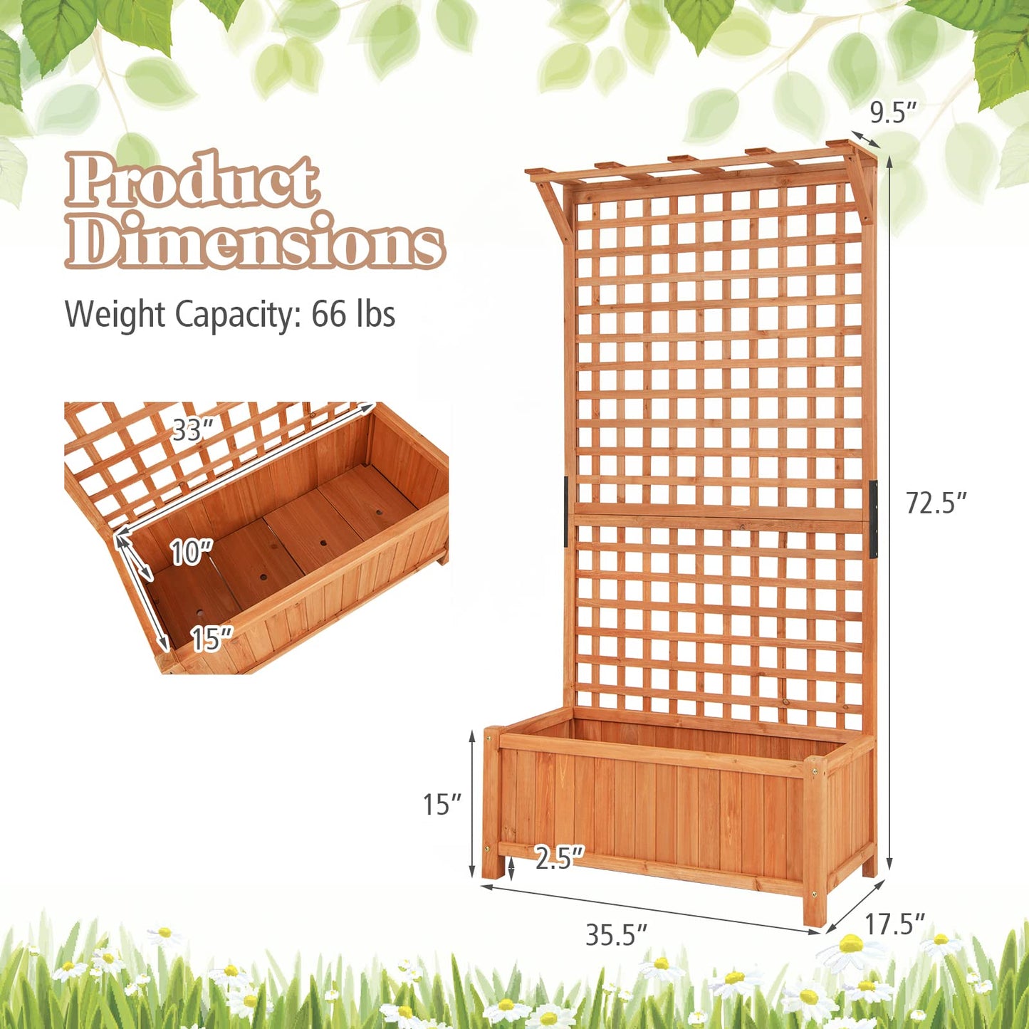 S AFSTAR Raised Garden Bed with Trellis, Wood Elevated Planter Box with Hanging Roof & Climbing Trellis, 4 Drainage Holes, 72.5" Tall Freestanding Planter Container for Vine Climbing Plants Flowers
