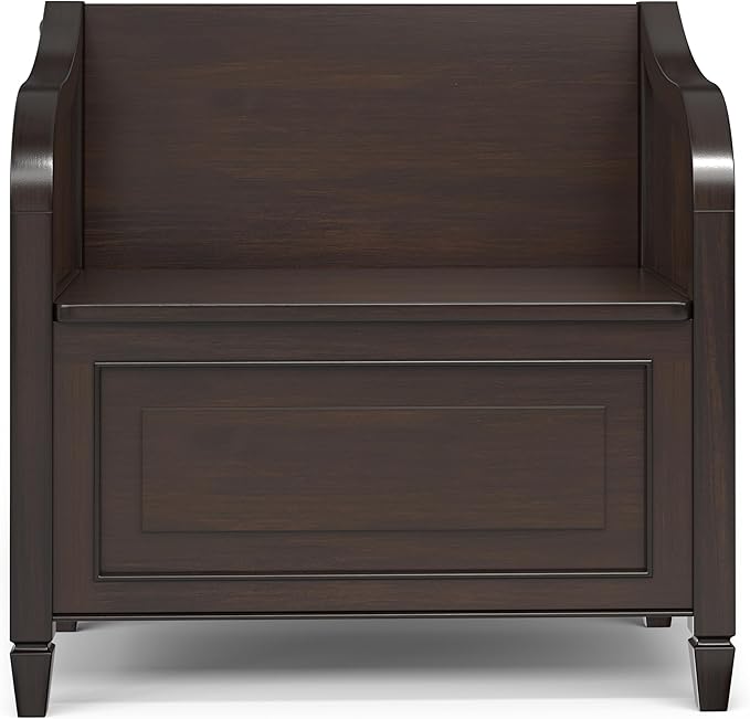 SIMPLIHOME Connaught Entryway Storage Bench - 30 inch Wide Solid Wood Small Storage Seat in Chestnut Brown, Traditional Bench for Entryway or Living Room with Lift-Up Lid and Decorative Trim