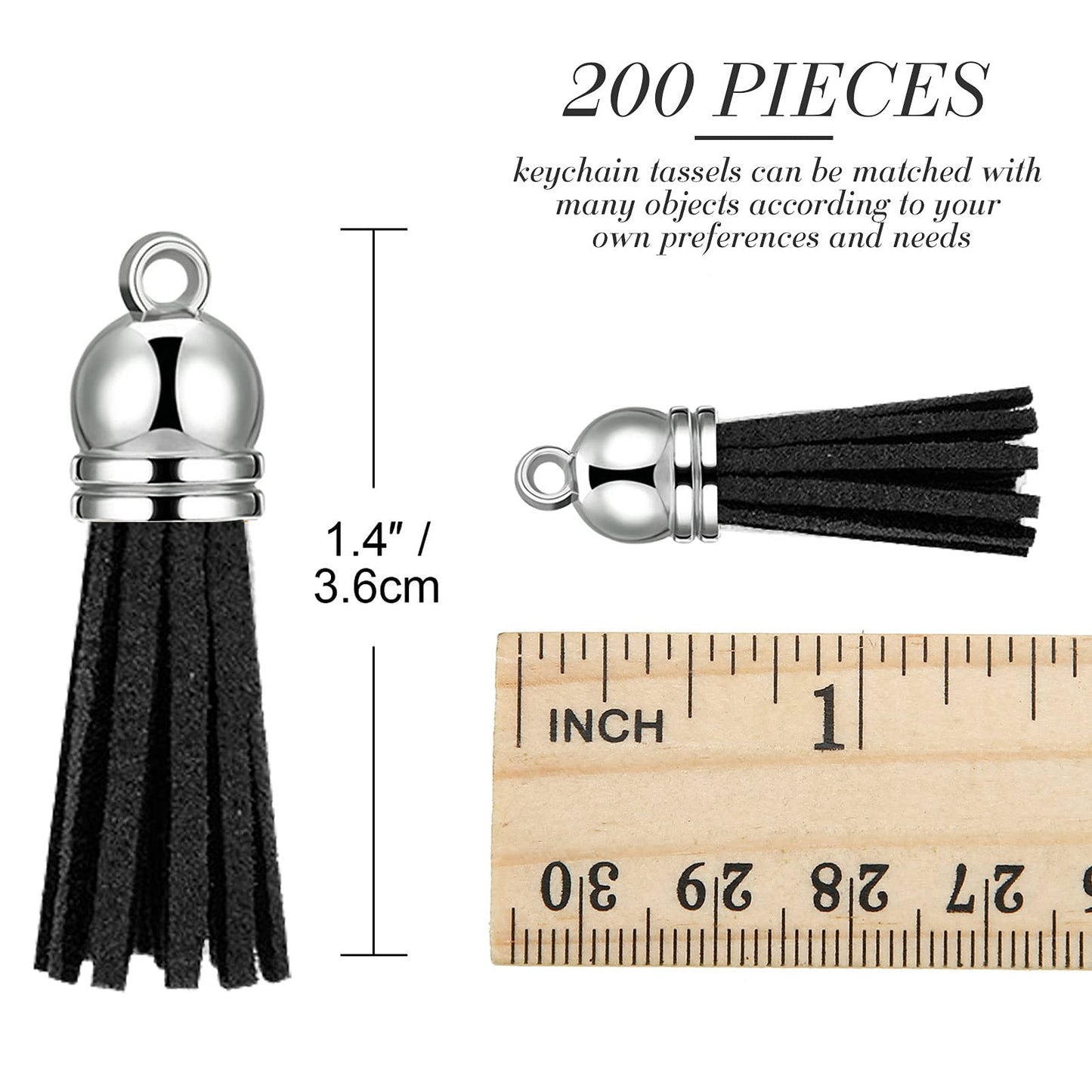 200 Pieces Keychain Tassels Faux Suede Leather Tassel Pendants Keychain Decoration Tassels with Loop for DIY Crafts Making Supplies (Black)