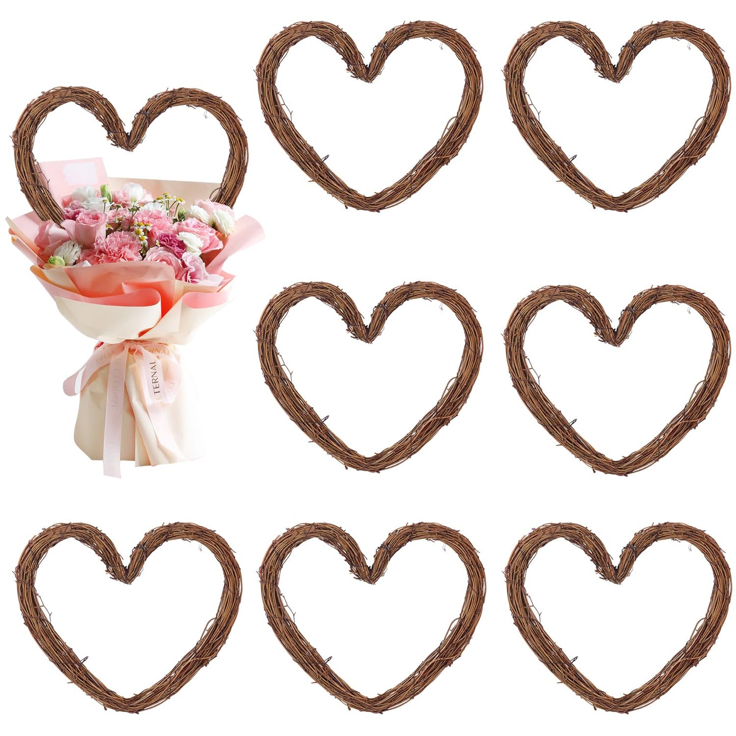 KUKLIPJIM 8 Pcs 10 Inch Heart Shaped Natural Grapevine Wreath Set, Hand-Woven Vine Branch Wreaths for DIY Crafts, Christmas Decorations, Home & Event Styling
