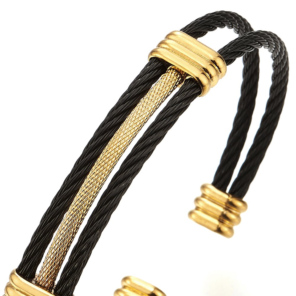 COOLSTEELANDBEYOND Mens Black and Gold Stainless Steel Cable Bracelet with Bar Detail, Open Cuff Bangle Industrial Rope Wire Jewelry