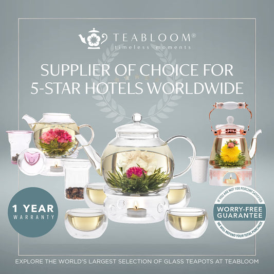 Teabloom Stovetop & Microwave Safe Glass Teapot with Removable Loose Tea Glass Infuser – Includes 2 Blooming Teas – 2-in-1 Tea Kettle and Tea Maker – Tea Purist's Choice