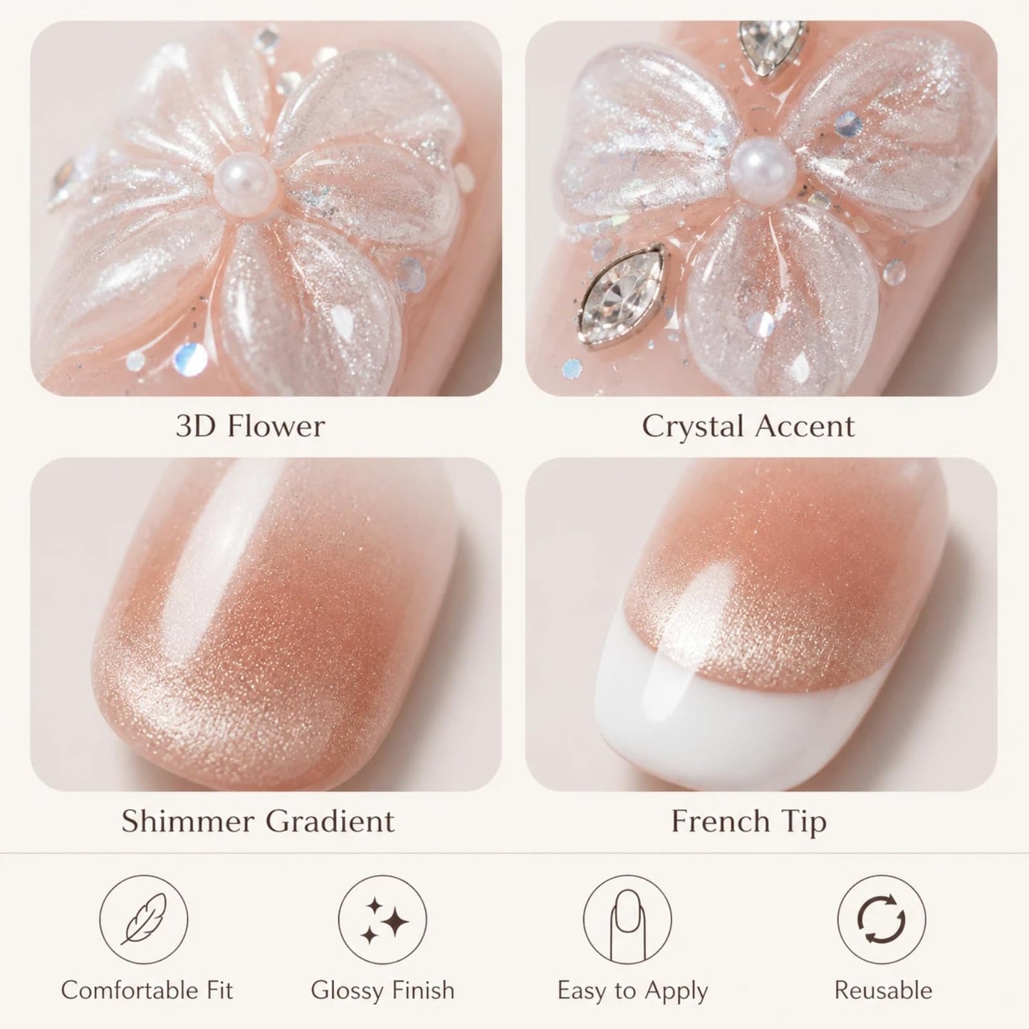 Tesytto Handmade Press on Nails Almond Shape Glossy Reusable False Nails for Nail Art (Gold Shimmer Crystal, S)