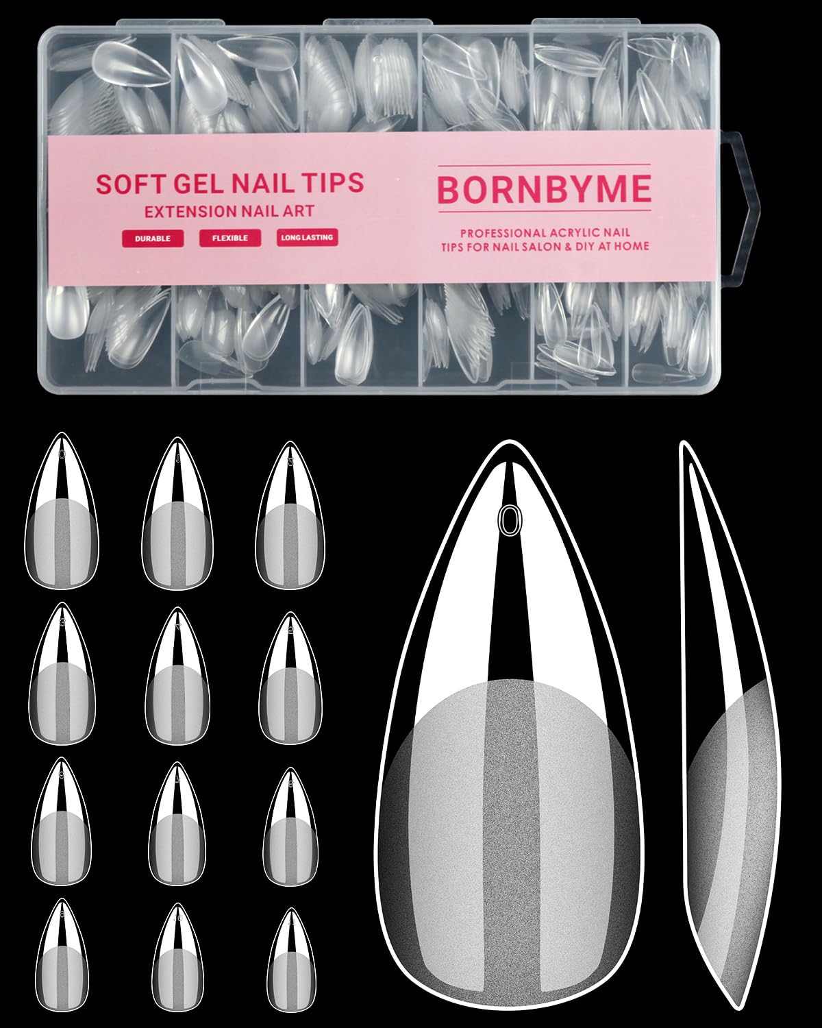 Medium Stiletto Nail Tips, BORNBYME 504PCS Pre Buff Full Cover Shaped Nail Extenison Tips Half Matte Gel X Nail Tips