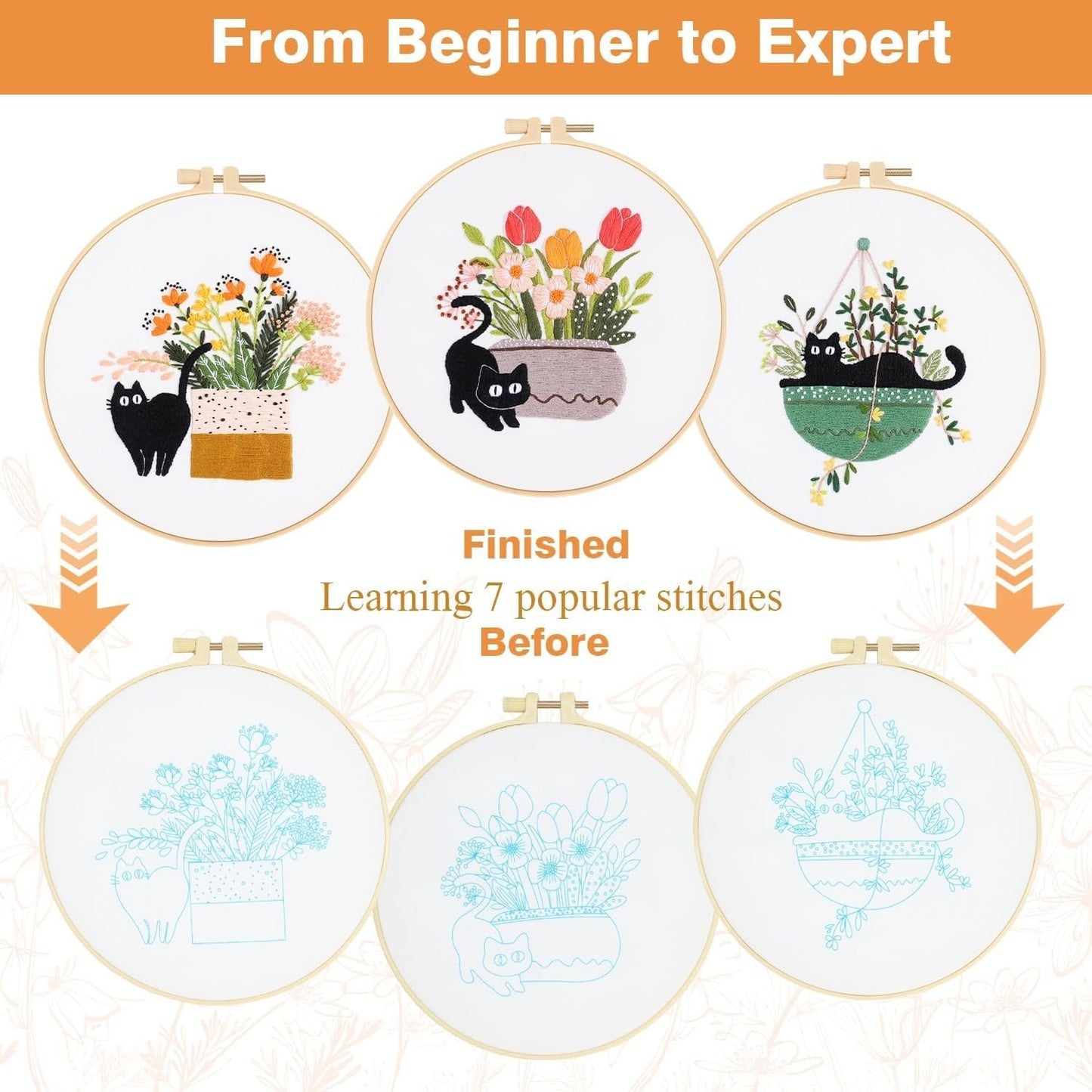 RidaaFri Embroidery Kit for Beginners, Set of 3 Stamped DIY Kits with Cat, Floral, Plant Patterns for Adults, Includes Hoop, Needles, Floss, Step-by-Step Video Tutorial, Complete Sewing Craft Supplies