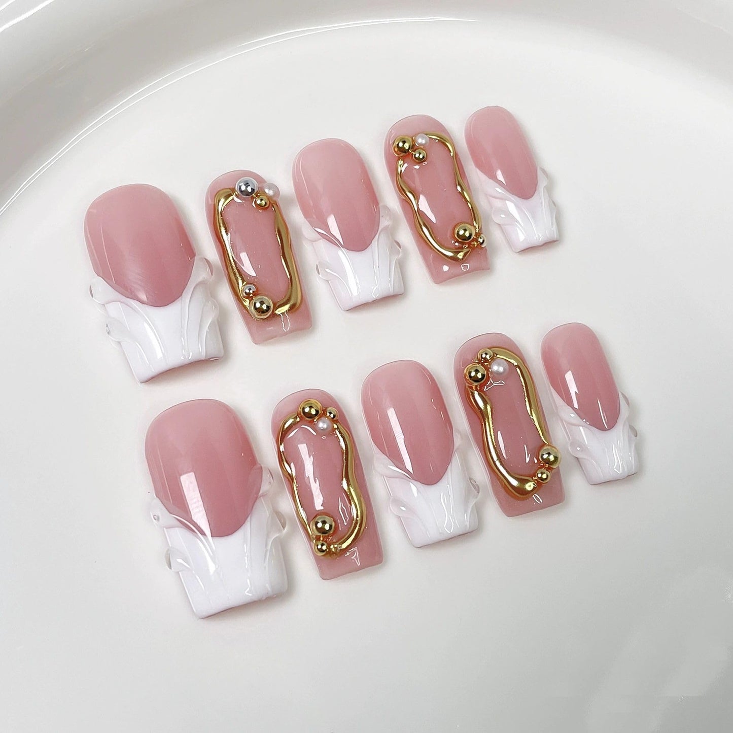 Threelegscat Square Handmade Press on Nails Medium Nails Press Ons With 3d Flower and French Tip Design Reusable Fake Nails for Women for Spring and Holiday 10pcs M Size Pattern S1110