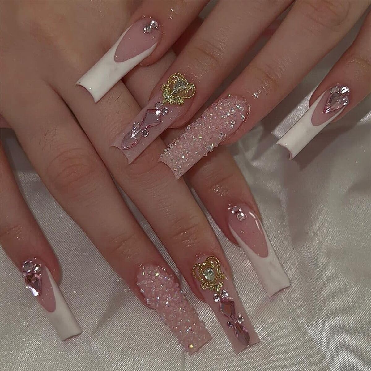 Long Press Coffin Glitter False Nails with Rhinestones Design Glue on French Tip Acrylic Glossy Full Cover Stick on Artificial Nails for Women Manicure 24Pcs