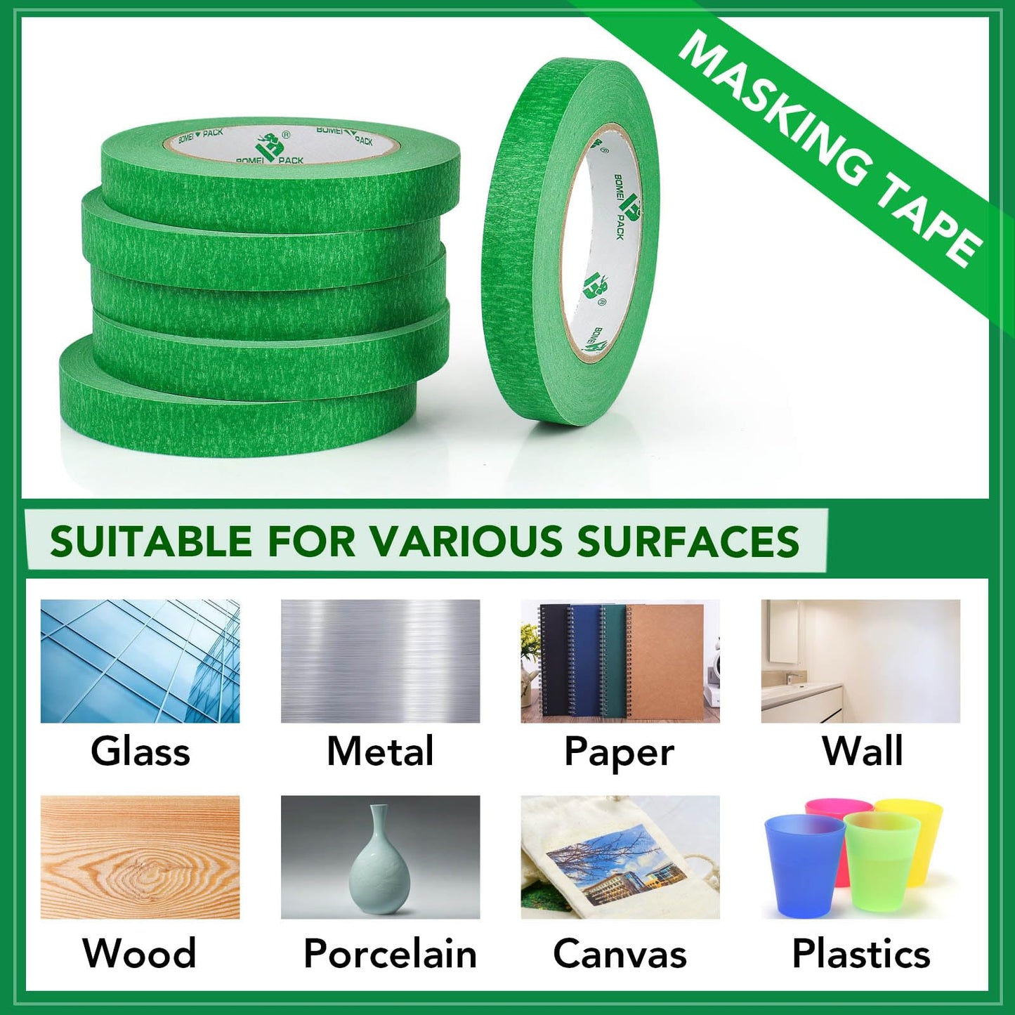 BOMEI PACK 10Rolls Green Painters Tape, General Purpose Green Masking Tape 0.75inch x 55yds, for Painting,Labeling,DIY Crafting,Decoration and School Projects, Total 550yds