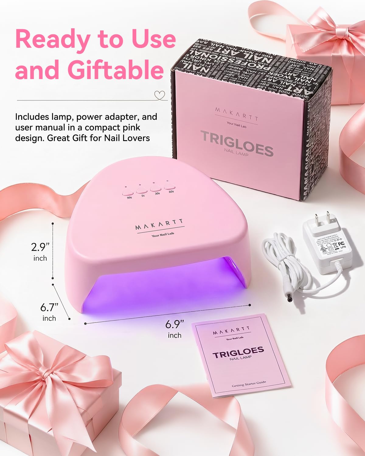 Makartt Compact Travel UV Nail Lamp for Gel Polish, Plug-in Nail Dryer with 5s Flash Cure, 99s Mode for Dark Thick Gels, Auto Sensor, 4 Timers & 18 LED Beads for Beginner Home DIY Gift (Pink)
