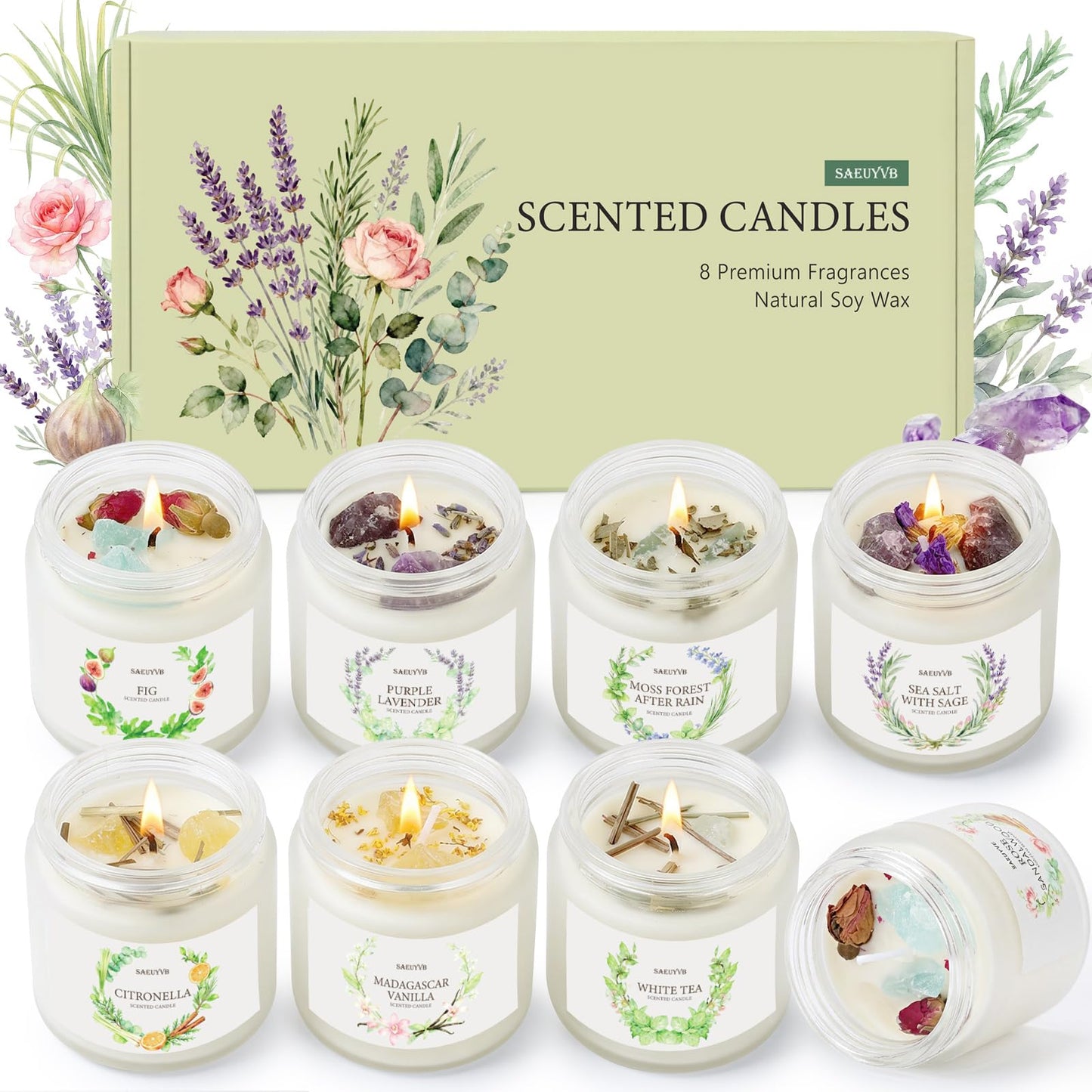 Scented Candles for Home,8 Pack Soy Candles Gift Set for Women,Aromatherapy Candle with Crystals Inside-Perfect for Mother's Day,Valentine's Day, Birthdays, Anniversaries,Christmas