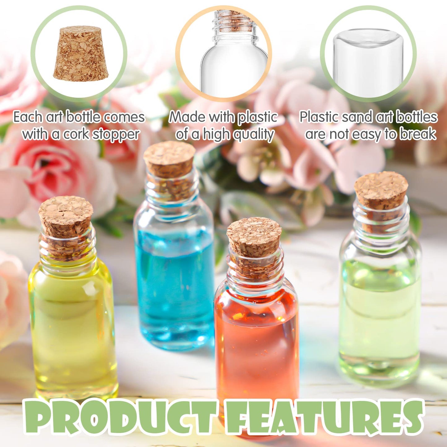 Sabary 50 Packs 1 oz Plastic Sand Art Bottles with Cork Stoppers Mini Vial Potion Bottles Perfume Cork Jar with Mini Funnels for Filling Jar for DIY Craft, Essential Oil, Message, Party Favor