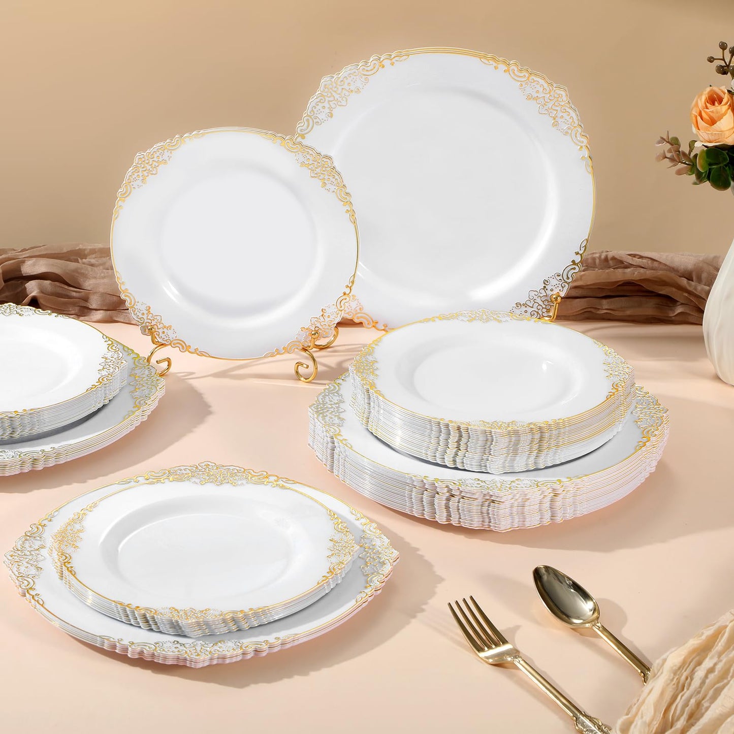 Goodluck 250 PCS Vintage White & Gold Rim Plastic Plates with Cutlery Set - Serves 50 - Heavy Duty Elegant Disposable Dinnerware for Formal Wedding, Catering, Upscale Party