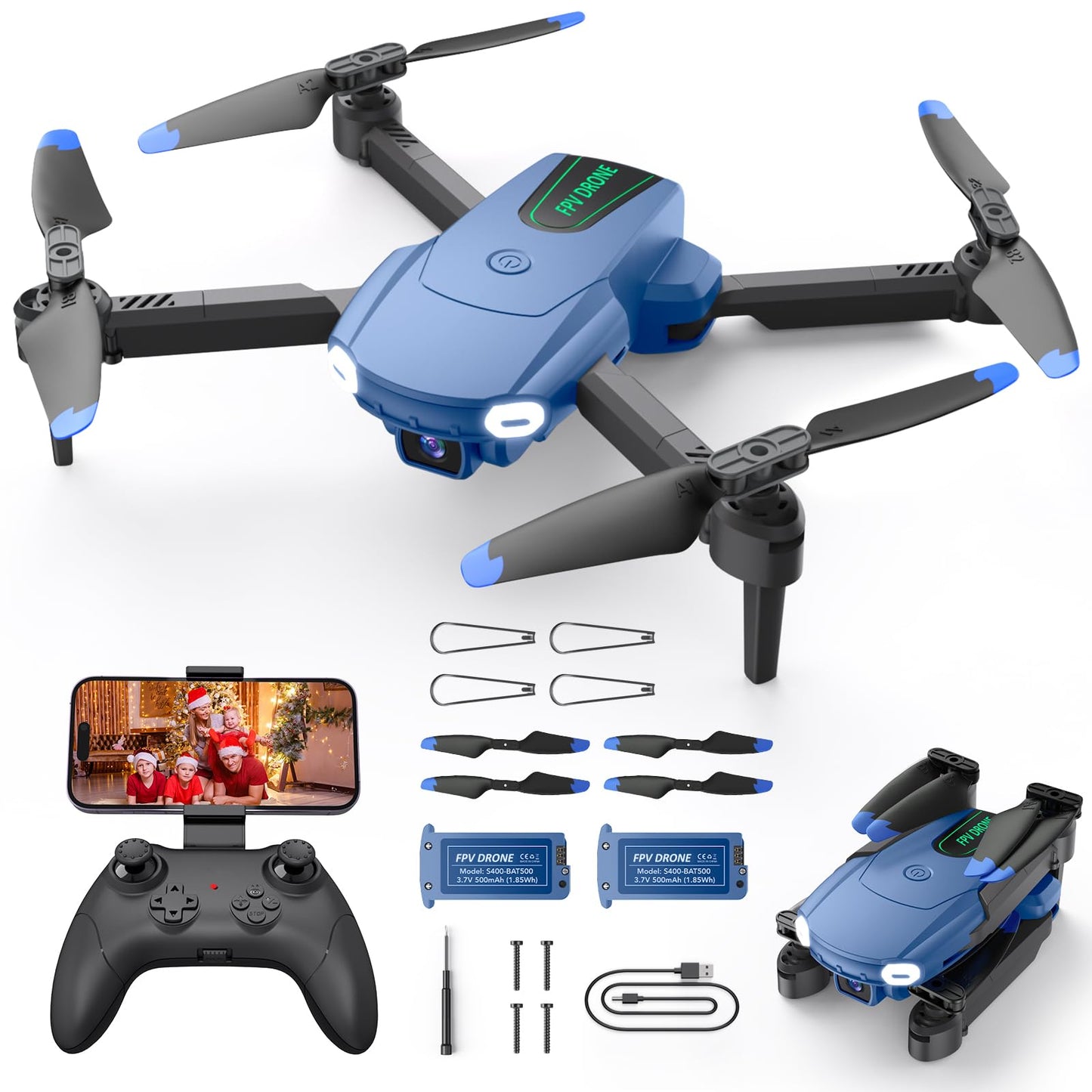 Foldable Drone with Camera for Kids Beginners - Remote Control Helicopter Toys Gifts for Boys Girls, 1080P HD FPV RC Drones with 2 Batteries, One Key Start/Land, Altitude Hold, Gesture Selfie, Blue