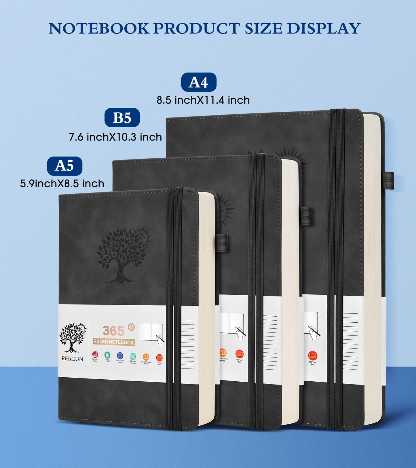 PERCUN A4 Lined Journal Notebook，365 Page Large Leather Journals for Writing Women Men，Hardcover Notebook with 100Gsm Thick Pages for Travel，Work，School，College Ruled, Daily Diary (8.5" x 11.4")