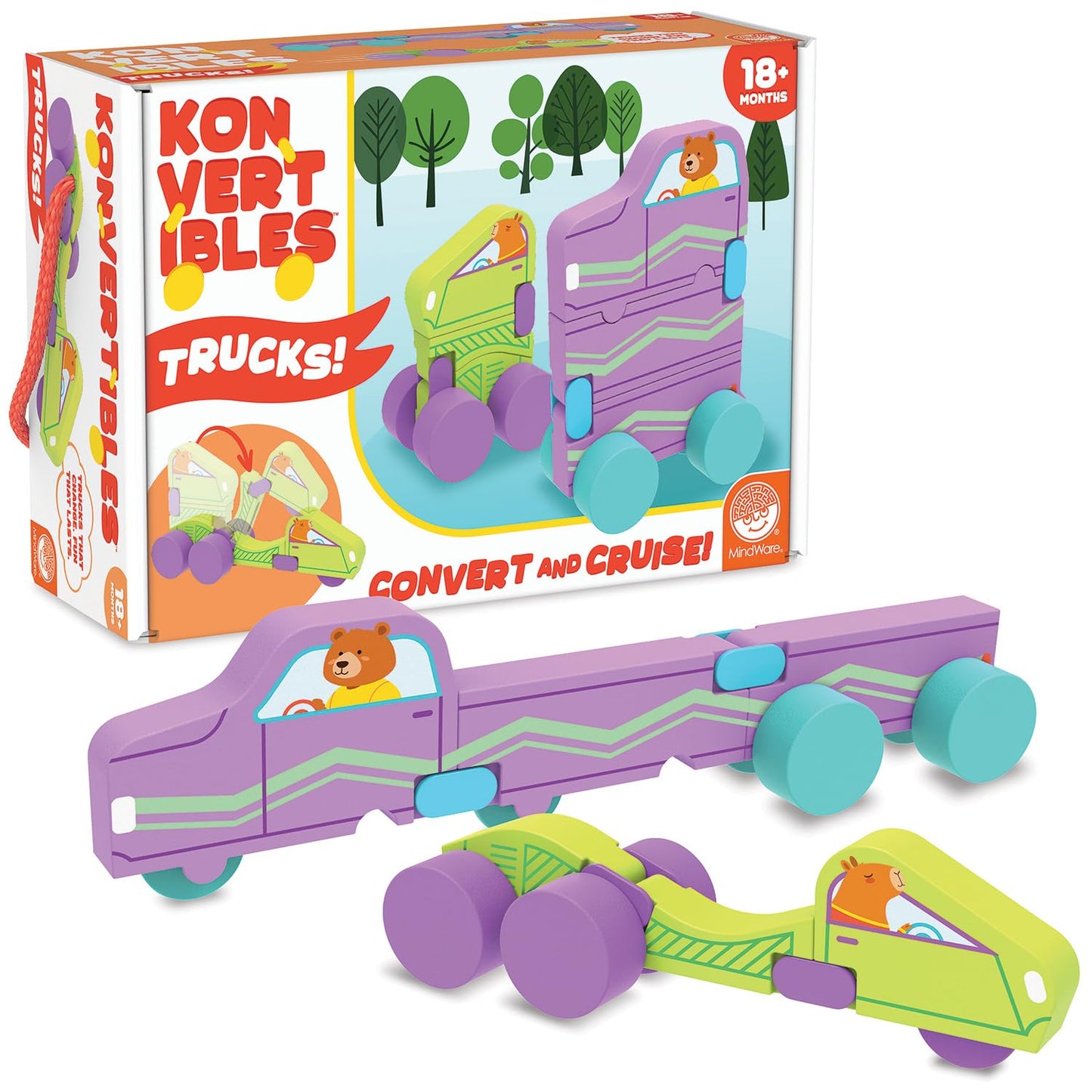 MindWare Konvertibles Transforming Wooden Trucks – 2‑Piece Flip‑&‑Change Vehicle Set with Carry‑Along Box That Becomes 3‑D Road Scene, Toddler Toy for Ages 18 Months +