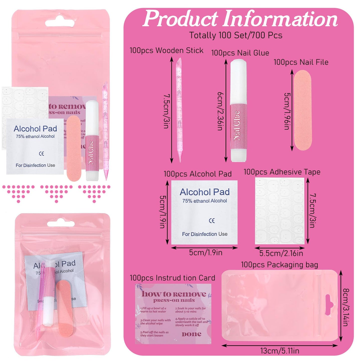 100 Set Disposable Nail Supplies Kits, Professional Manicure Press On Nails Tool Kit with Nail File, Adhesive Tabs, Nails Glue, Plastic Sticks, Prep Pads, Bags (Pink)