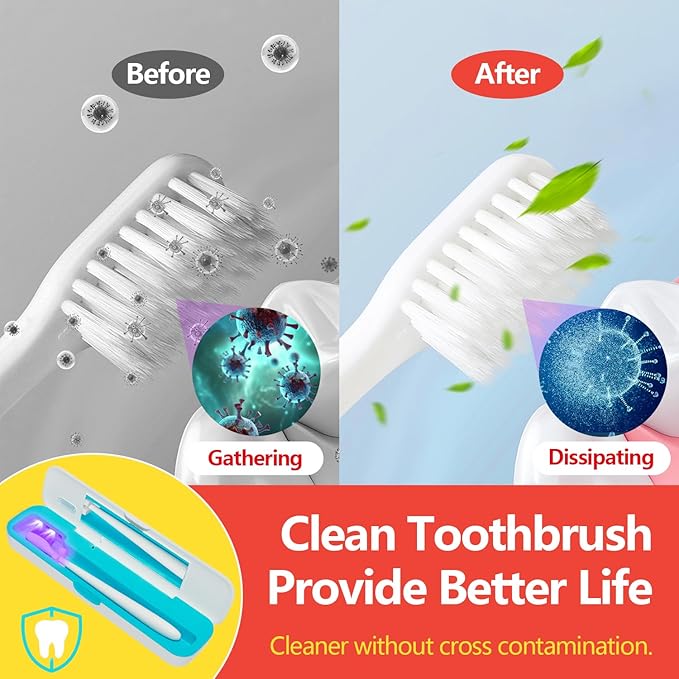 Toothbrush Sanitizer Case, TYPLFH Toothbrush Covers, Portable Toothbrush Travel Holder for Clean and Storage, C Port and AA Batteries Charge, Air Water Filt, Auto-Off, for All Toothbrushes (Blue)