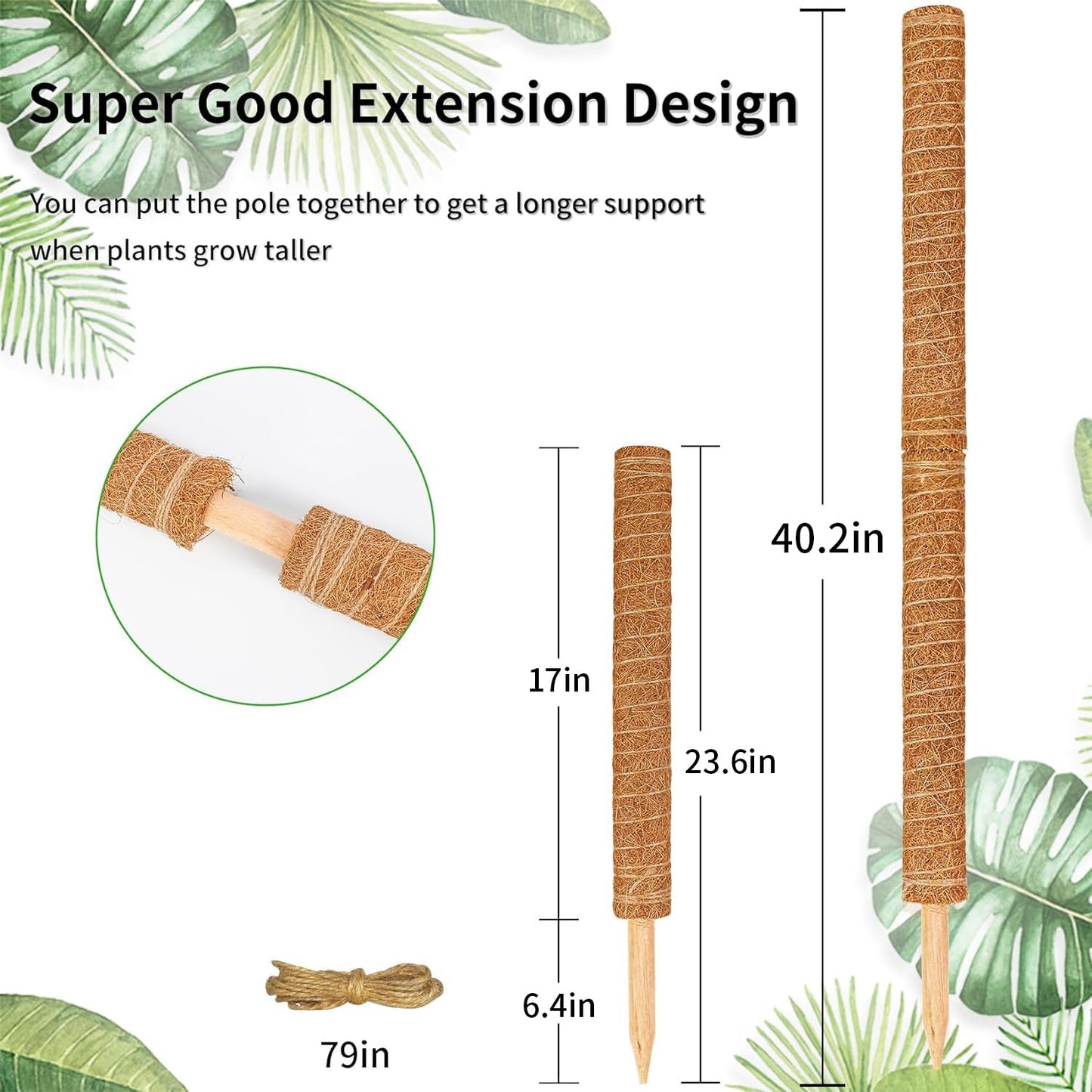 JJGoo Moss Pole for Plants Monstera,【8 Pack】 23.6 inch Plant Support Pole, Extendable Coir Totem Pole for Potted Plants Pothos, Train Indoor Climbing Plants to Grow Upwards