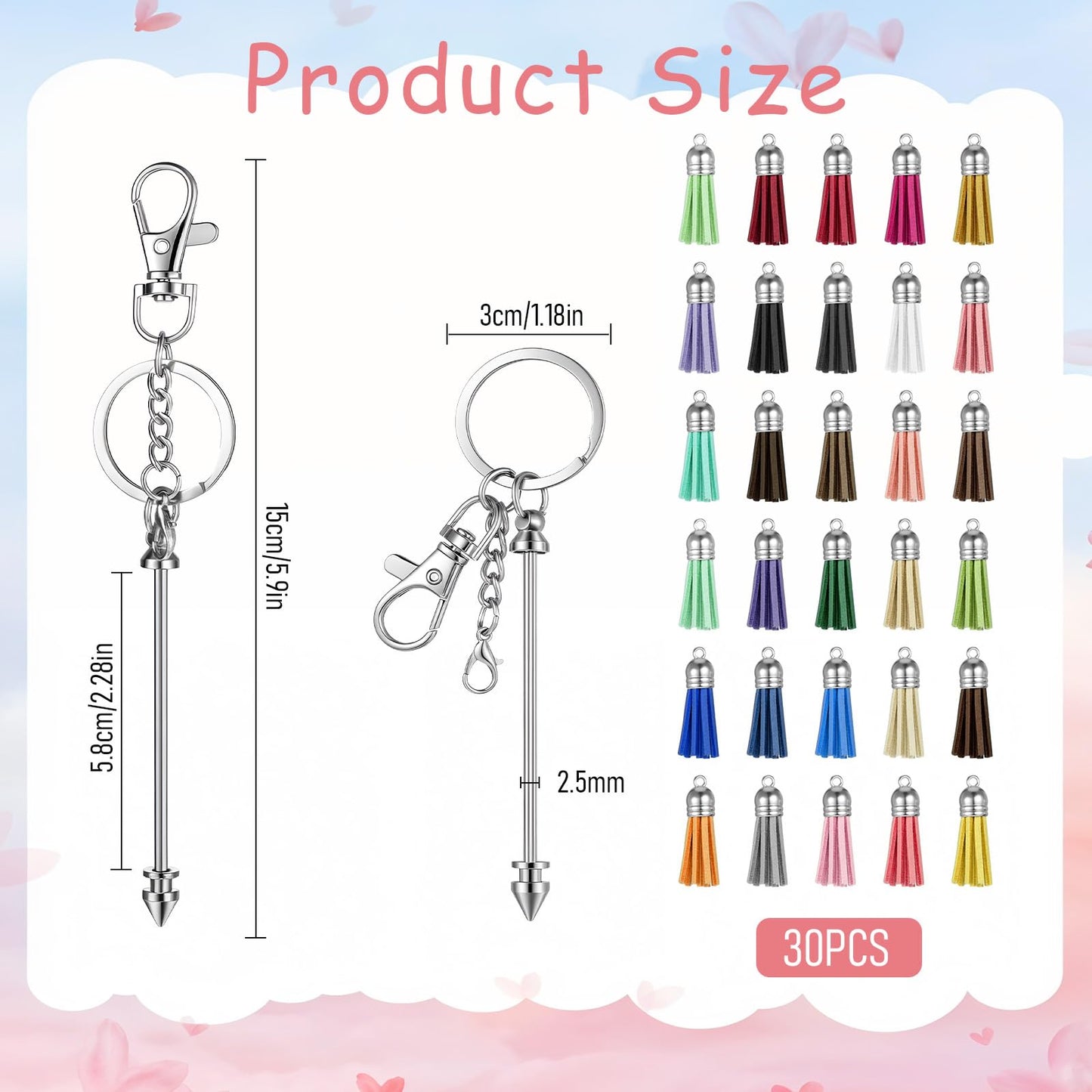 60 Pcs Beadable Keychains Bars with Tassel Silver Beads Keychain Making Kit DIY Blank Beaded Keychain with 36 Colorful Leather Tassel for Key Chain Making Supplies Jewelry Mak ing Gift