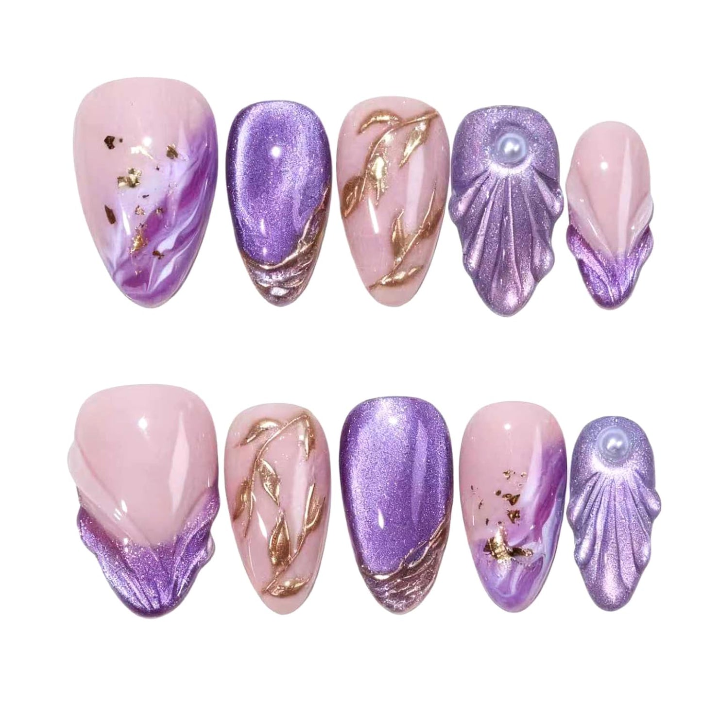 30Pcs Purple French Press on Nails Medium Almond Fake Nails with 3D Pearls Design Chrome Gold False Nails Glitter Full Cover Gold Leaf Gilded Reusable Purple Smudge Artificial Glue on Nails for Women