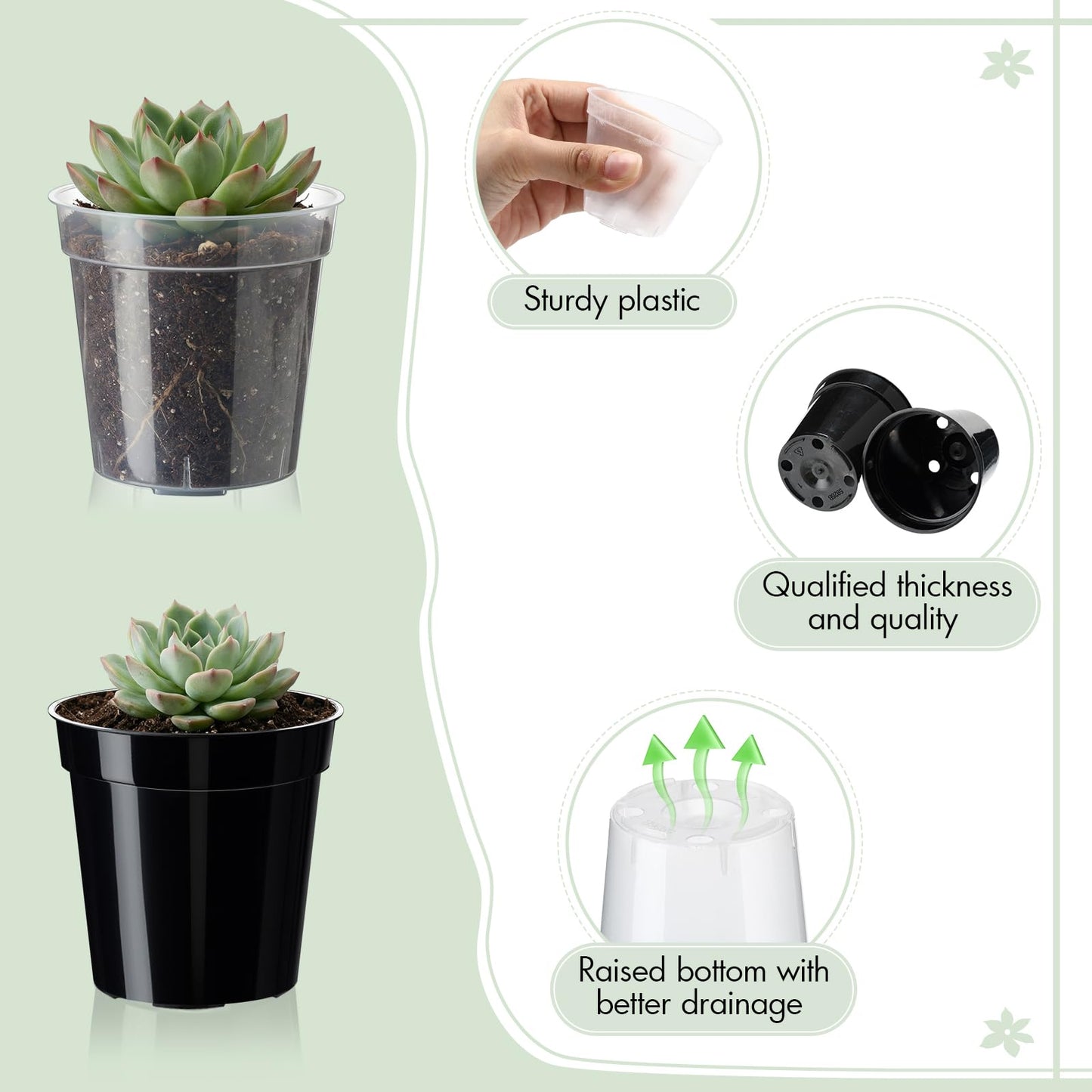 Sliner 200 Pcs 2 Inch Plastic Nursery Pot Mini Seedling Planter Flower Planting Pots Plastic Planters with Drainage Holes for Outdoor Indoor Flower, Starting Seedlings, Black, Clear