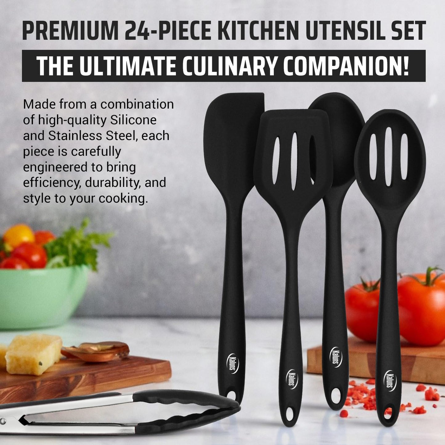 Kaluns Silicone Kitchen Utensils Set 24 Pcs Silicone Cooking Utensils Set - Can Opener, Masher, Turner, Spatula 446°F Heat Resistant Non-Stick - Premium Utensil Set