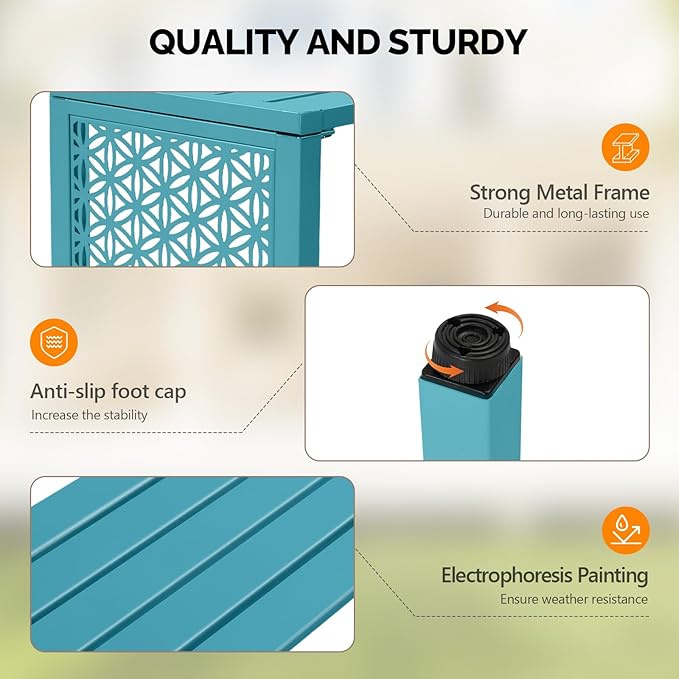VINGLI 40in Outdoor Metal Bench, All-Weathe Backless Patio Bench with Slatted Seat＆Floral Side Panels, Rust-Resistant Garden Bench, Weatherproof Outdoor Seating for Porch Entryway Backyard (Blue)