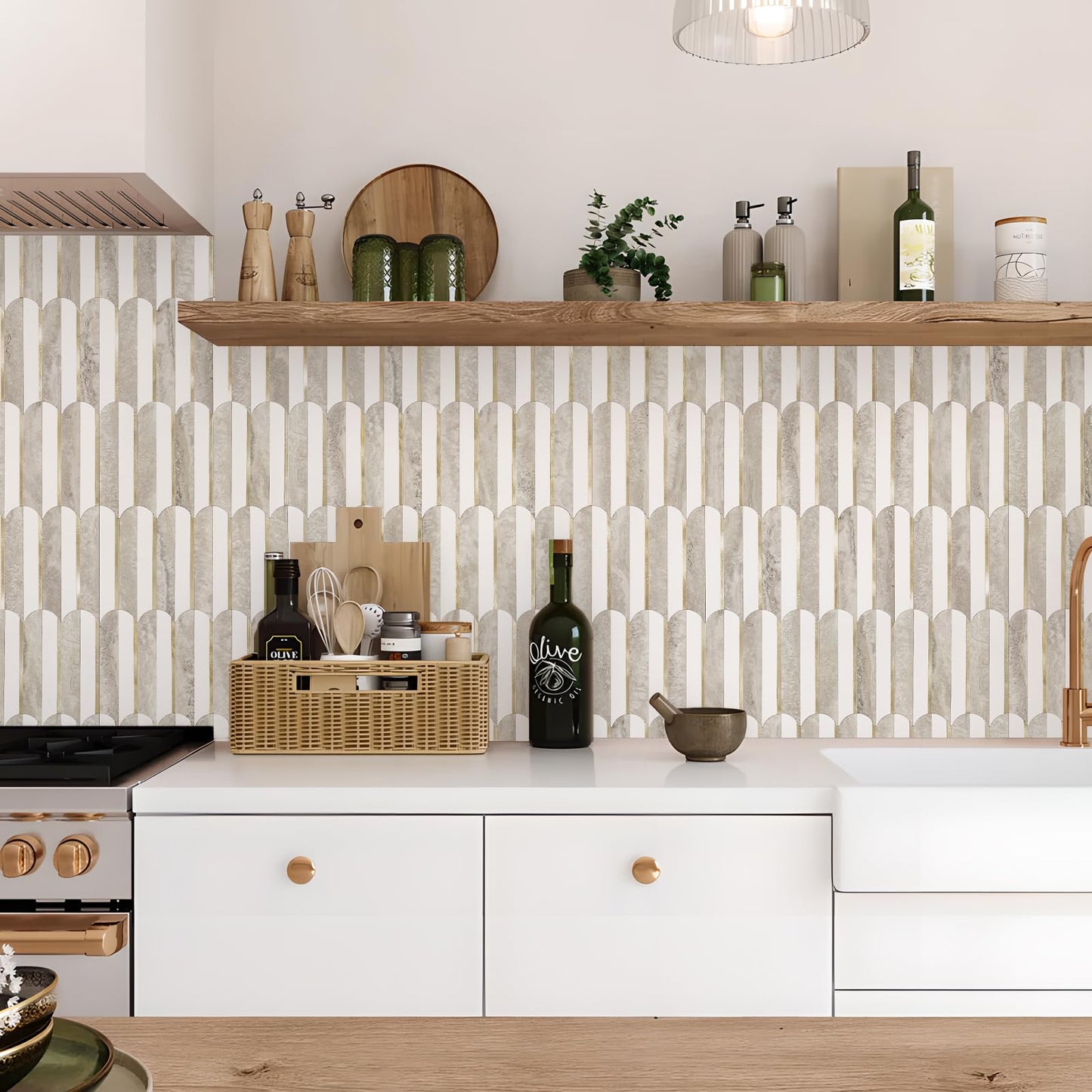 Vamos Peel and Stick Backsplash Seamless Tile for Kitchen and Bathroom,White and Beige Slate PVC Mixed Light Gold Self Adhesive Fish Scale Metal Mosaic Tiles (10 Sheets)