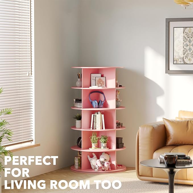 SpaceAid 5 Tier Rotating Shoe Rack Tower, Spinning Shoe Display Lazy Susan, Revolving 360 Shoe Rack Storage Round Carousel, Vertical Handbag Rotate Shoes Closet Organization (5-Tier Pink)