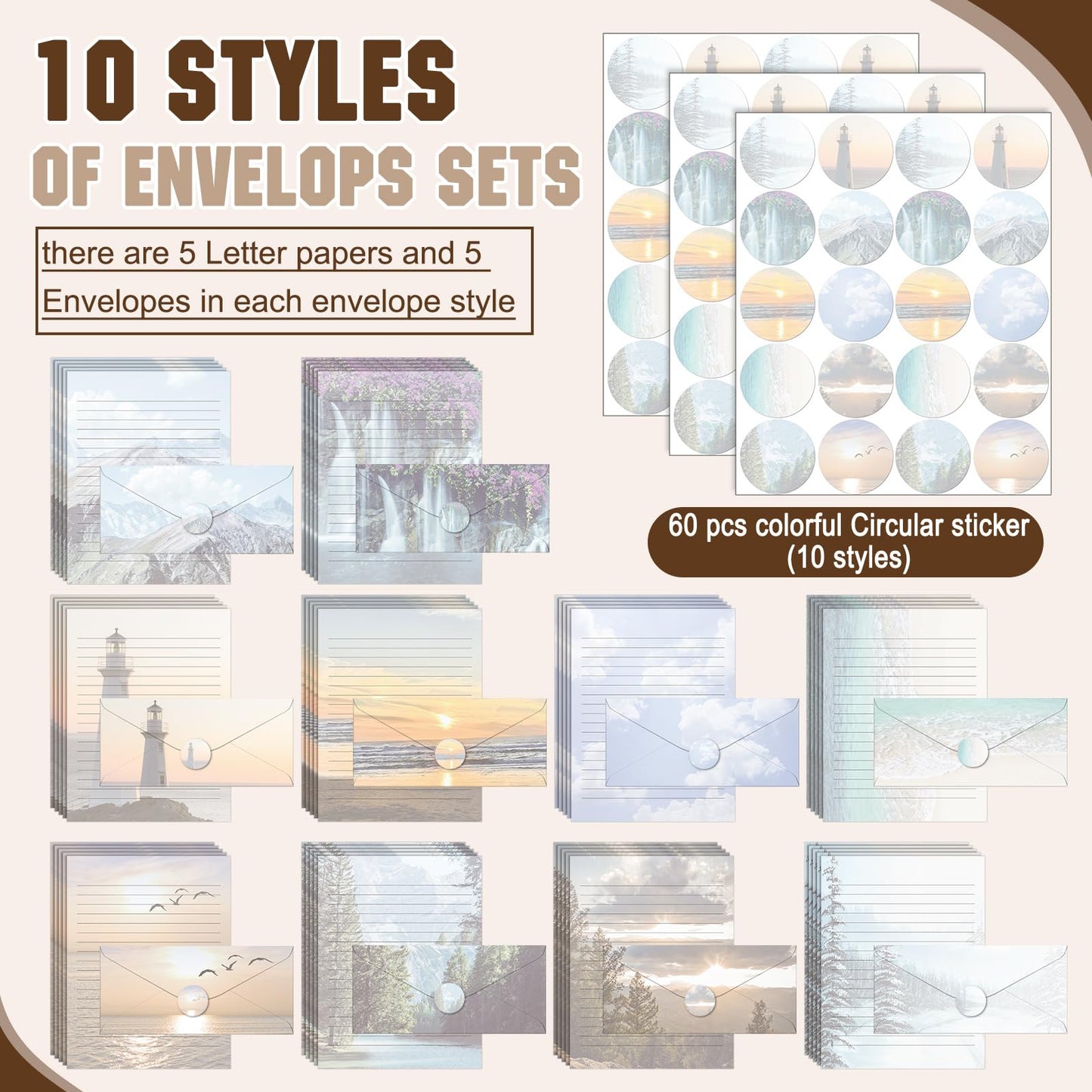 TaoBary 160 Pcs Stationery Paper Set 50 Double Sided Stationery Papers with 50 Matching Envelopes and 60 Round Dot Sticker, 10 Design(Natural Scenery,8.5 x 11 Inch)