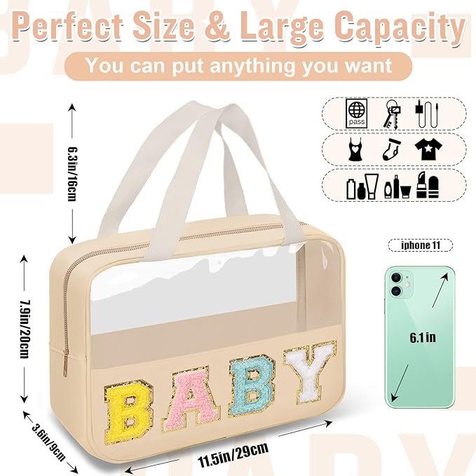 Preppy Clear Baby Makeup Bags with Chenille Letter Patches, Travel Essentials Large Clear Make up Bag Zipper Pouch with Handle, Waterproof Nylon Cosmetic Toiletry Storage Tote for Women (BABY-Beige)